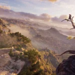 Alexios của Assassin's Creed Odyssey đang quan sát toàn cảnh Hy Lạp cổ đại từ trên cao, thể hiện sự bao la của thế giới mở game.