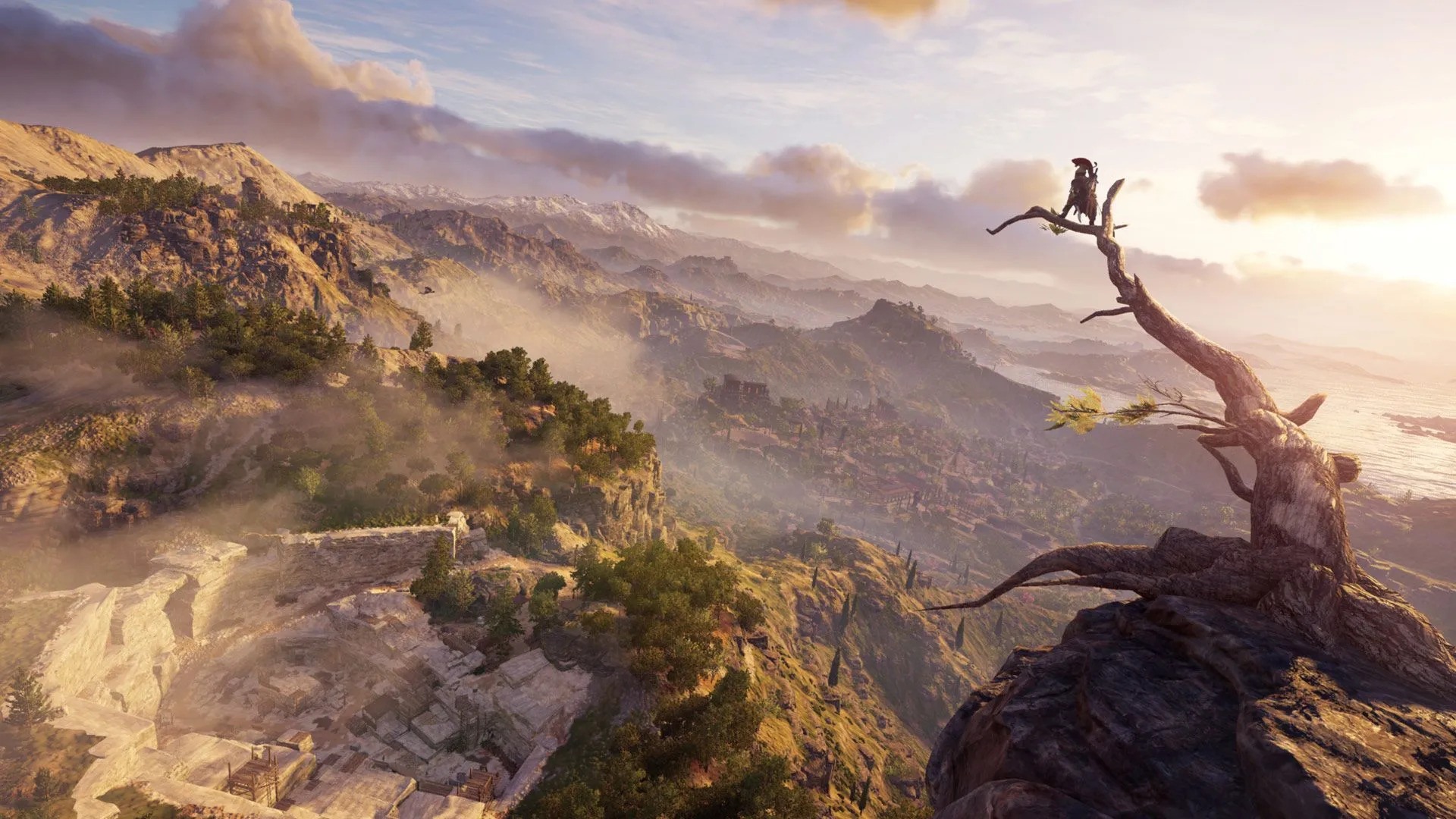 Alexios của Assassin's Creed Odyssey đang quan sát toàn cảnh Hy Lạp cổ đại từ trên cao, thể hiện sự bao la của thế giới mở game.