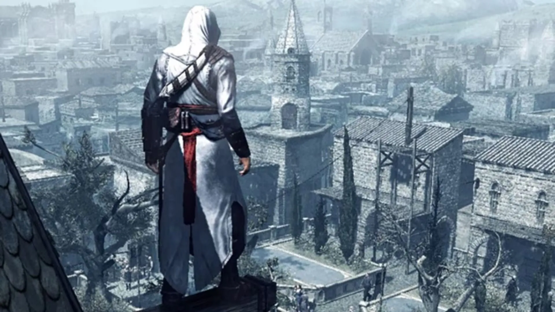 Altair chuẩn bị thực hiện một cú nhảy tín ngưỡng (Leap of Faith) trong Assassin's Creed