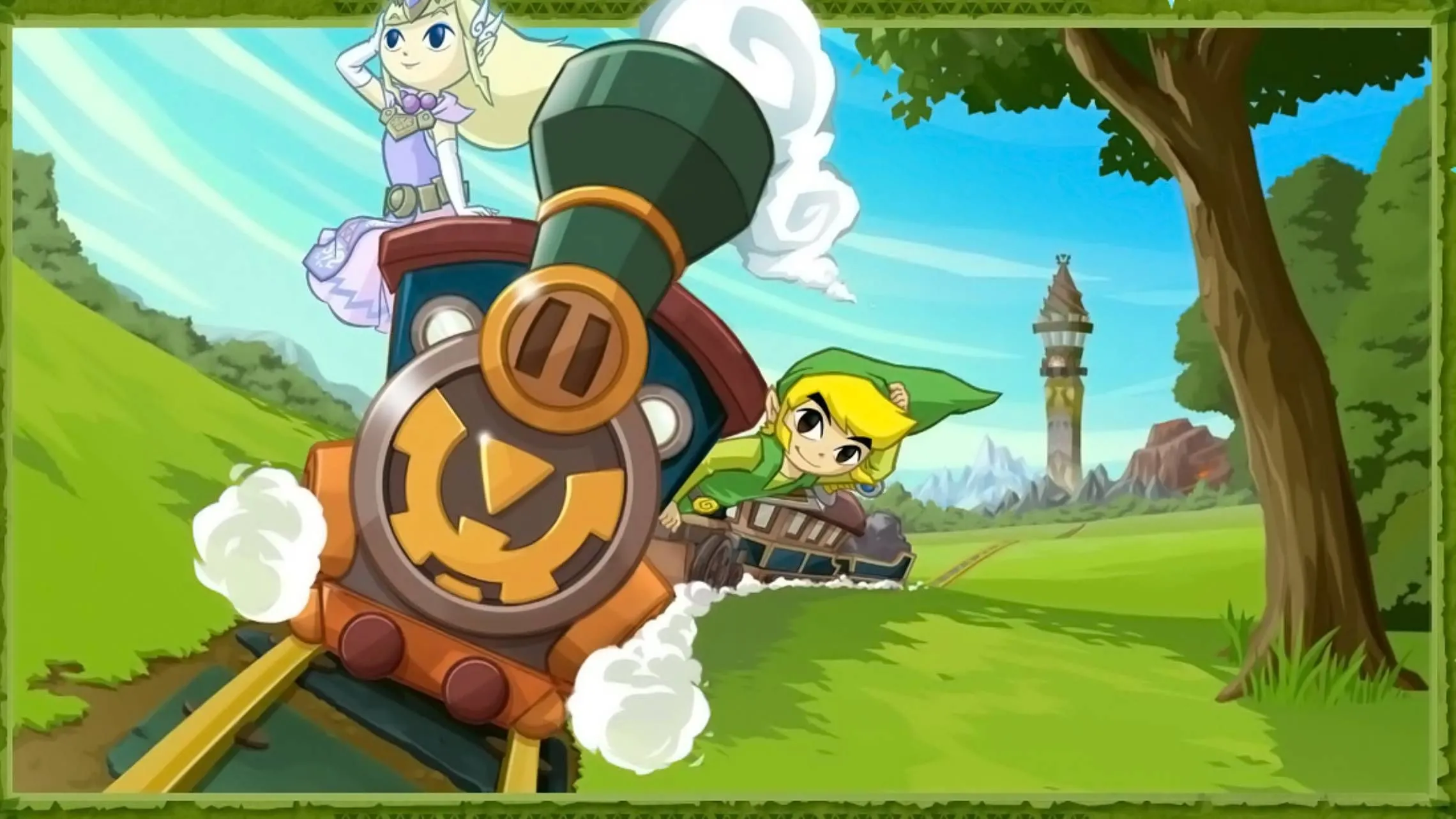 Ảnh artwork chính thức của Link và Công chúa Zelda trên tàu trong game The Legend of Zelda: Spirit Tracks