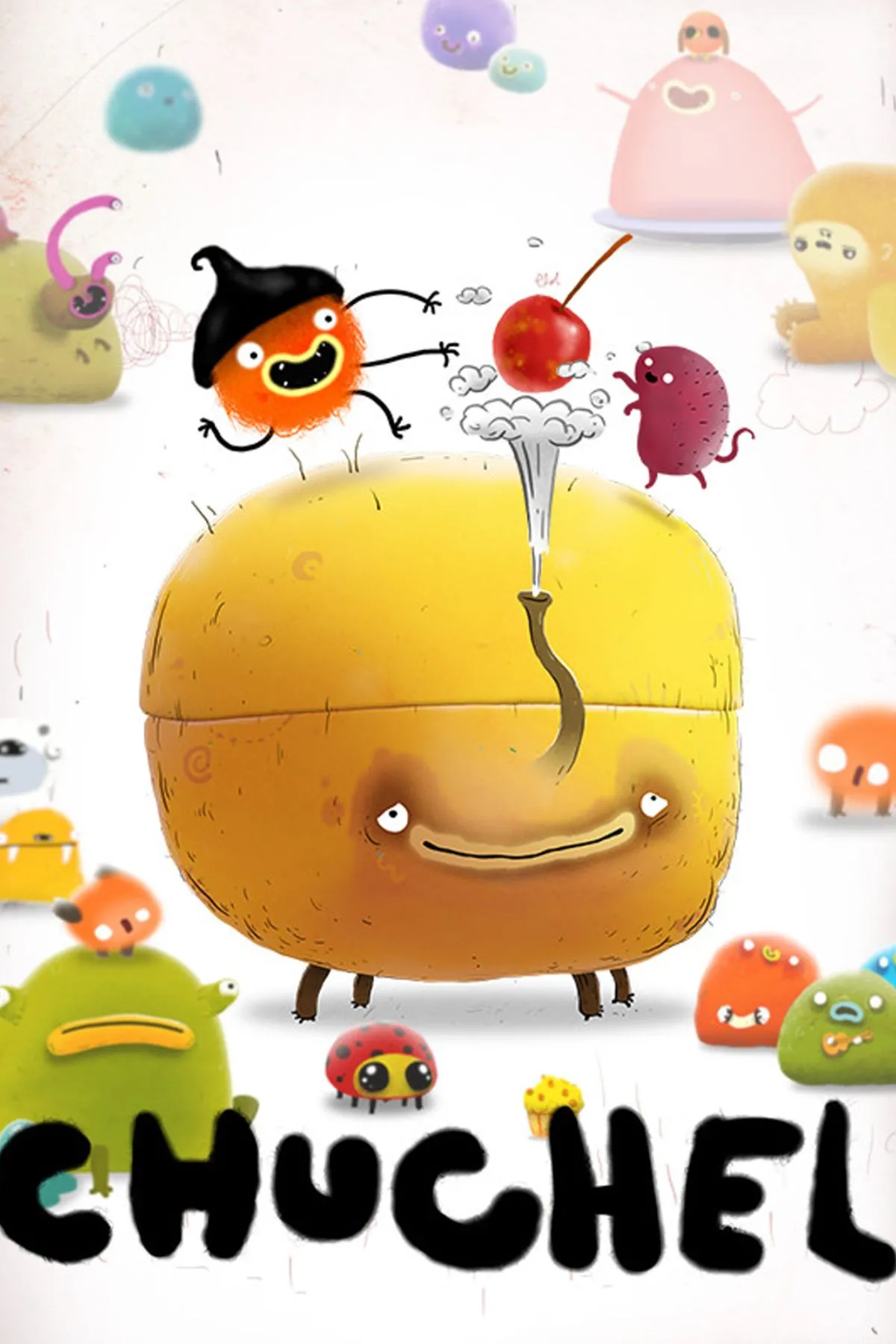 Ảnh bìa chính của game Chuchel, nhân vật chính lông lá màu đen đang nhìn một quả cherry đỏ tươi
