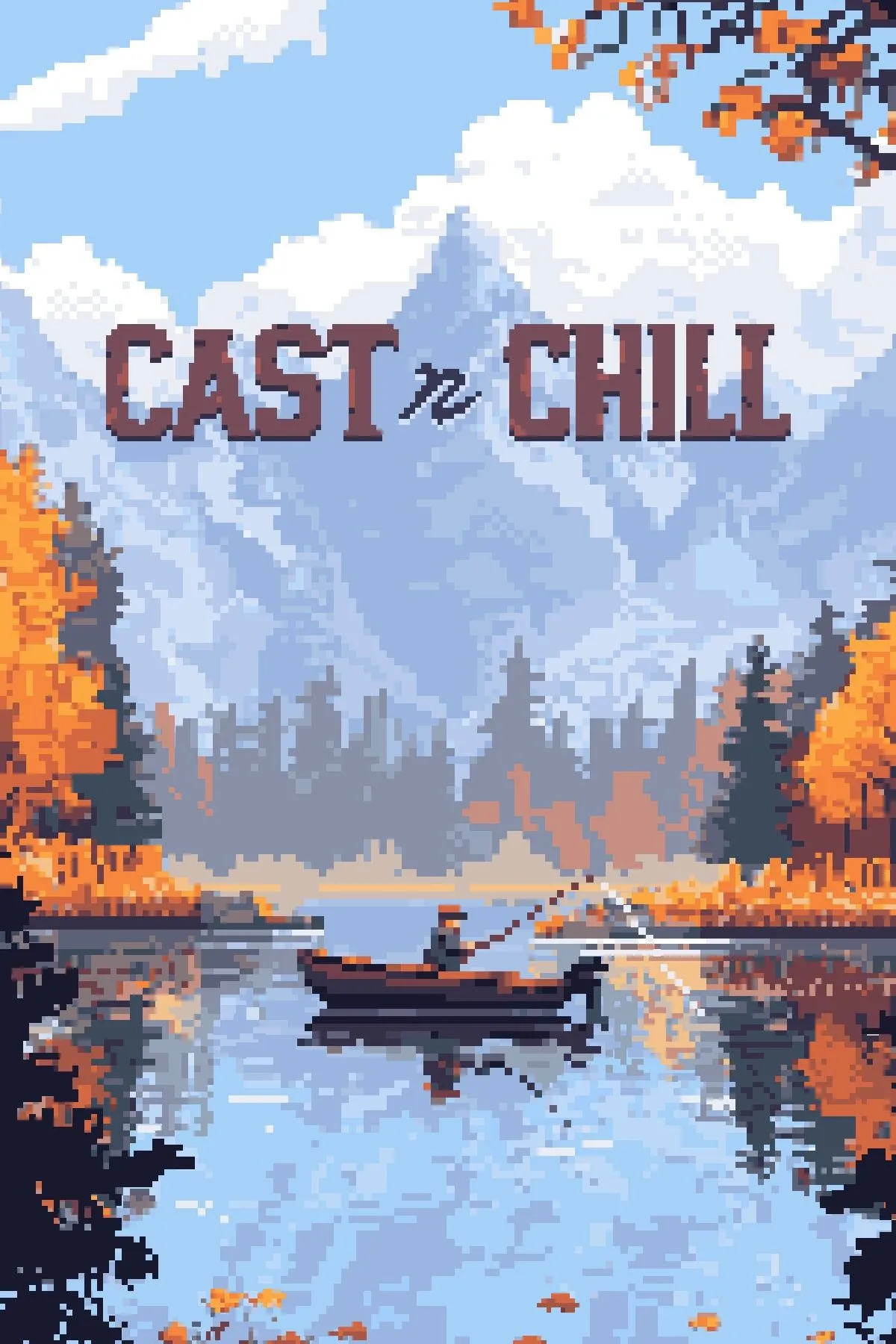 Ảnh bìa game Cast n Chill, minh họa nhân vật và chú chó đang câu cá thư giãn theo phong cách pixel art.