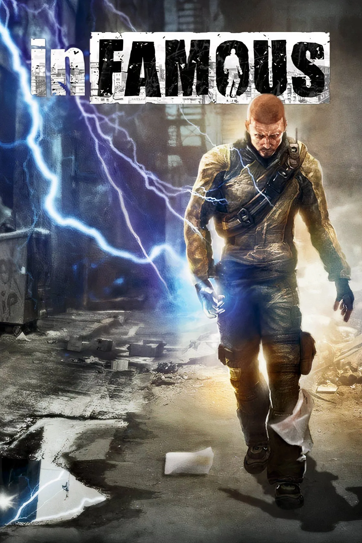 Ảnh bìa game Infamous với nhân vật chính Cole MacGrath sử dụng siêu năng lực