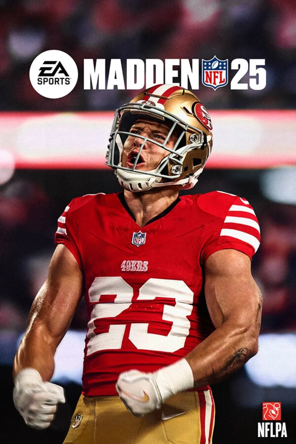 Ảnh bìa game Madden NFL 25, với cầu thủ bóng bầu dục Mỹ đang thực hiện động tác mạnh mẽ trên sân.