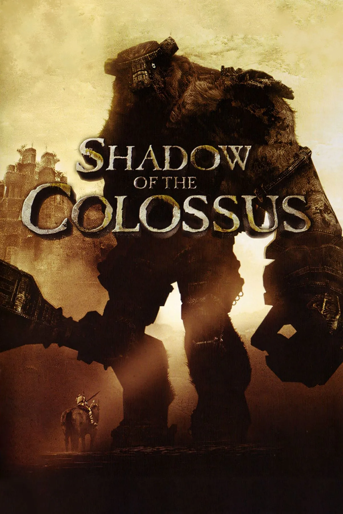 Ảnh bìa game Shadow of the Colossus với Wander và một Colossus khổng lồ