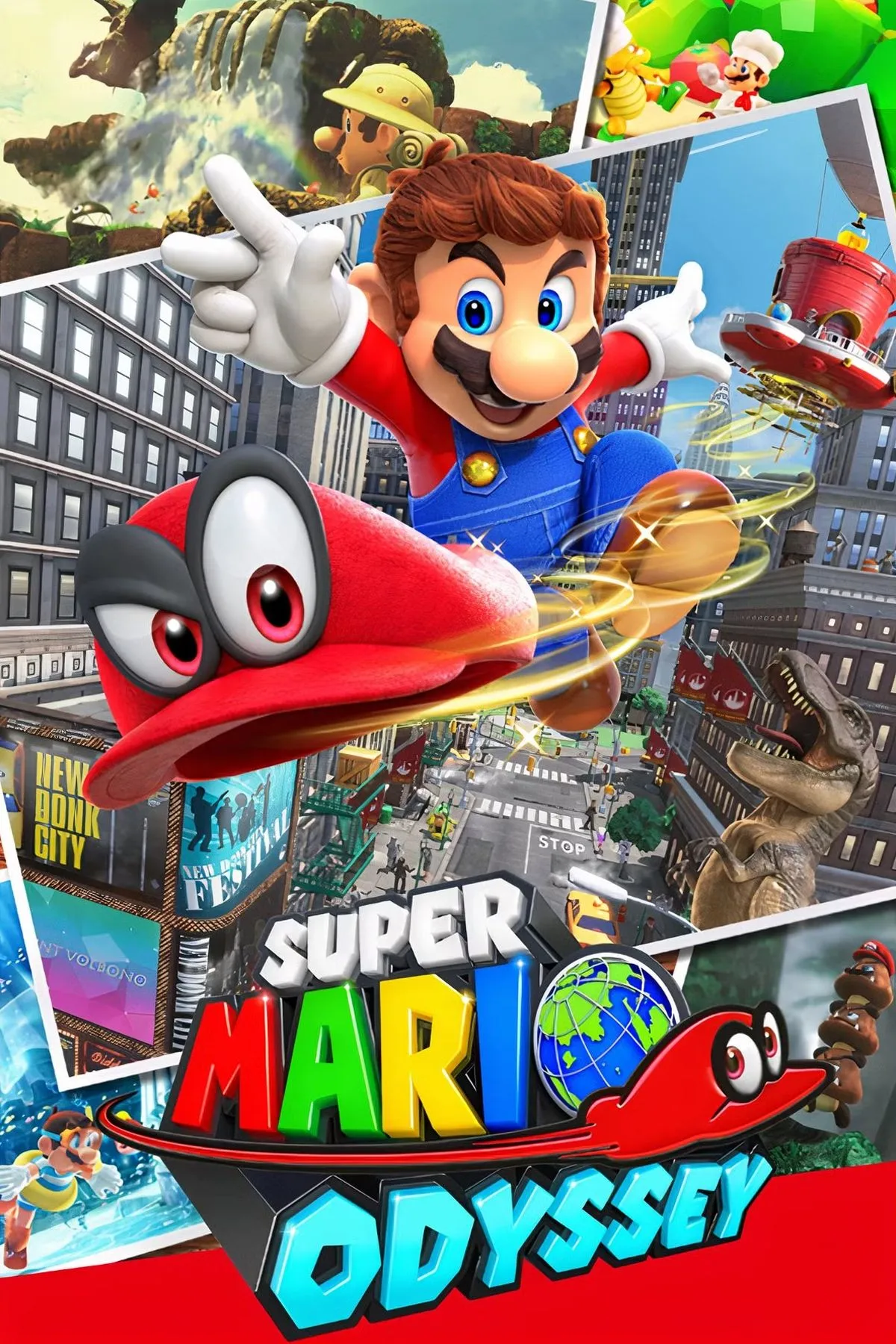Ảnh bìa game Super Mario Odyssey với Mario và Cappy nhảy trên tòa nhà thành phố