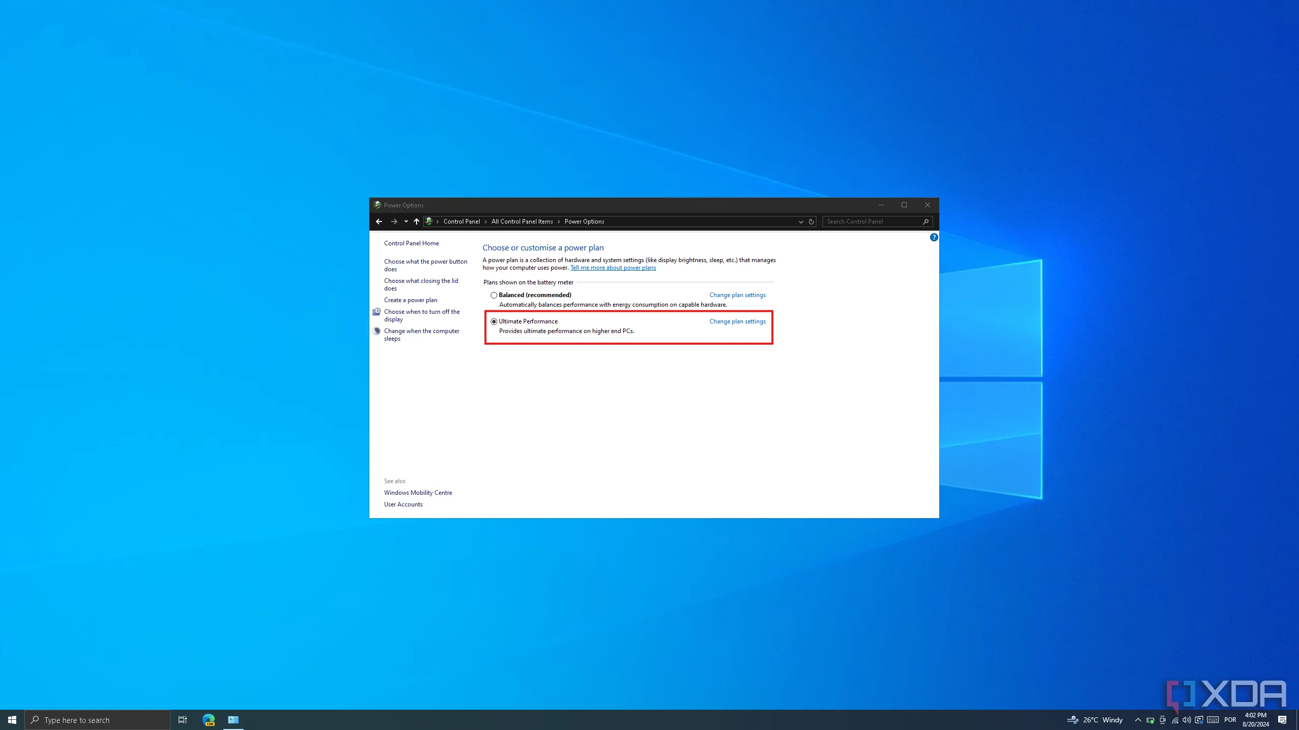 Ảnh chụp màn hình cài đặt tùy chọn nguồn trong Bảng điều khiển Windows 10, hiển thị chế độ &quot;Ultimate Performance&quot; được chọn để tối đa hóa hiệu suất PC chơi game.