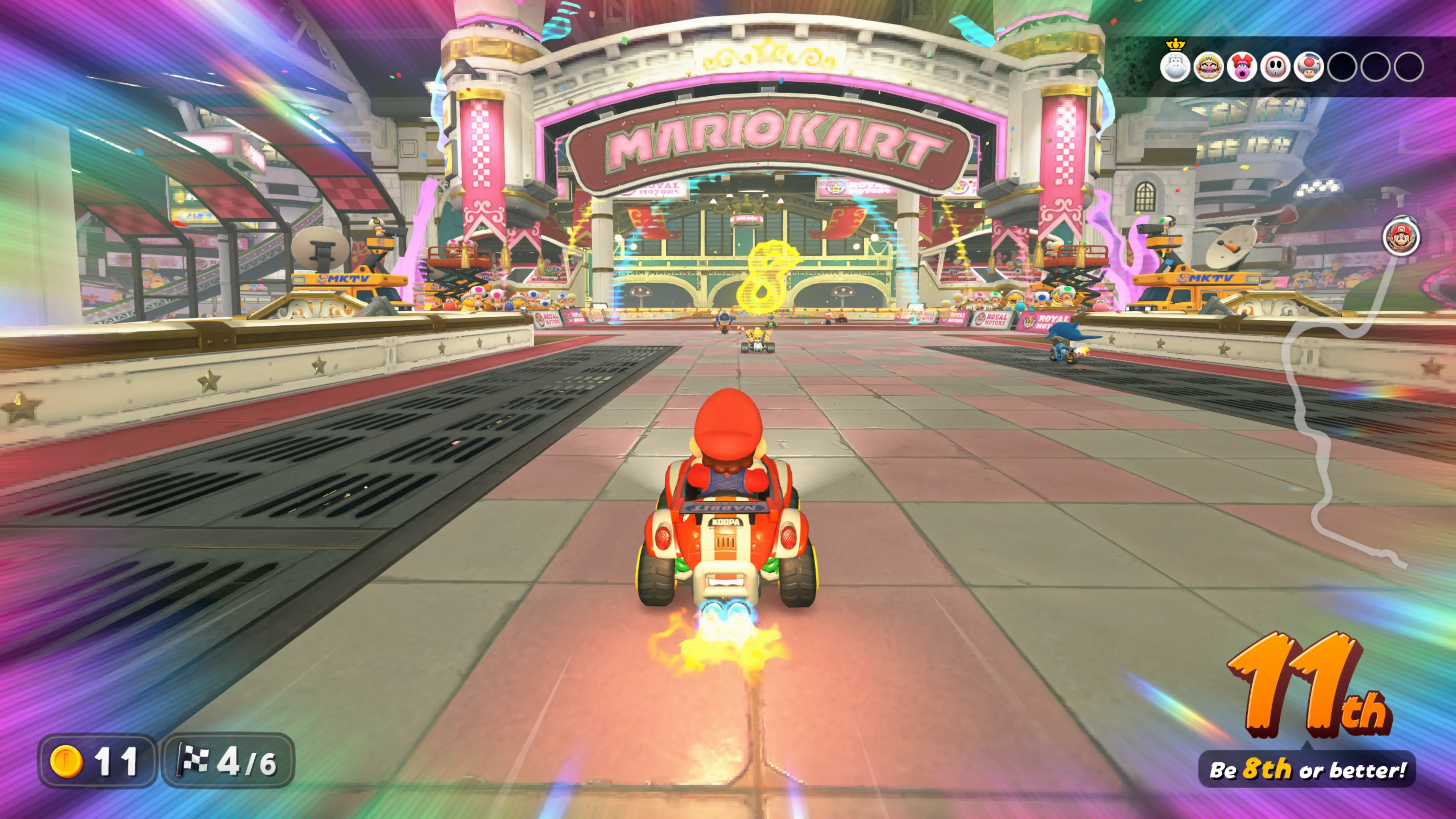 Ảnh chụp màn hình game Mario Kart World đang chạy trên console Nintendo Switch 2, thể hiện đồ họa và gameplay mới.