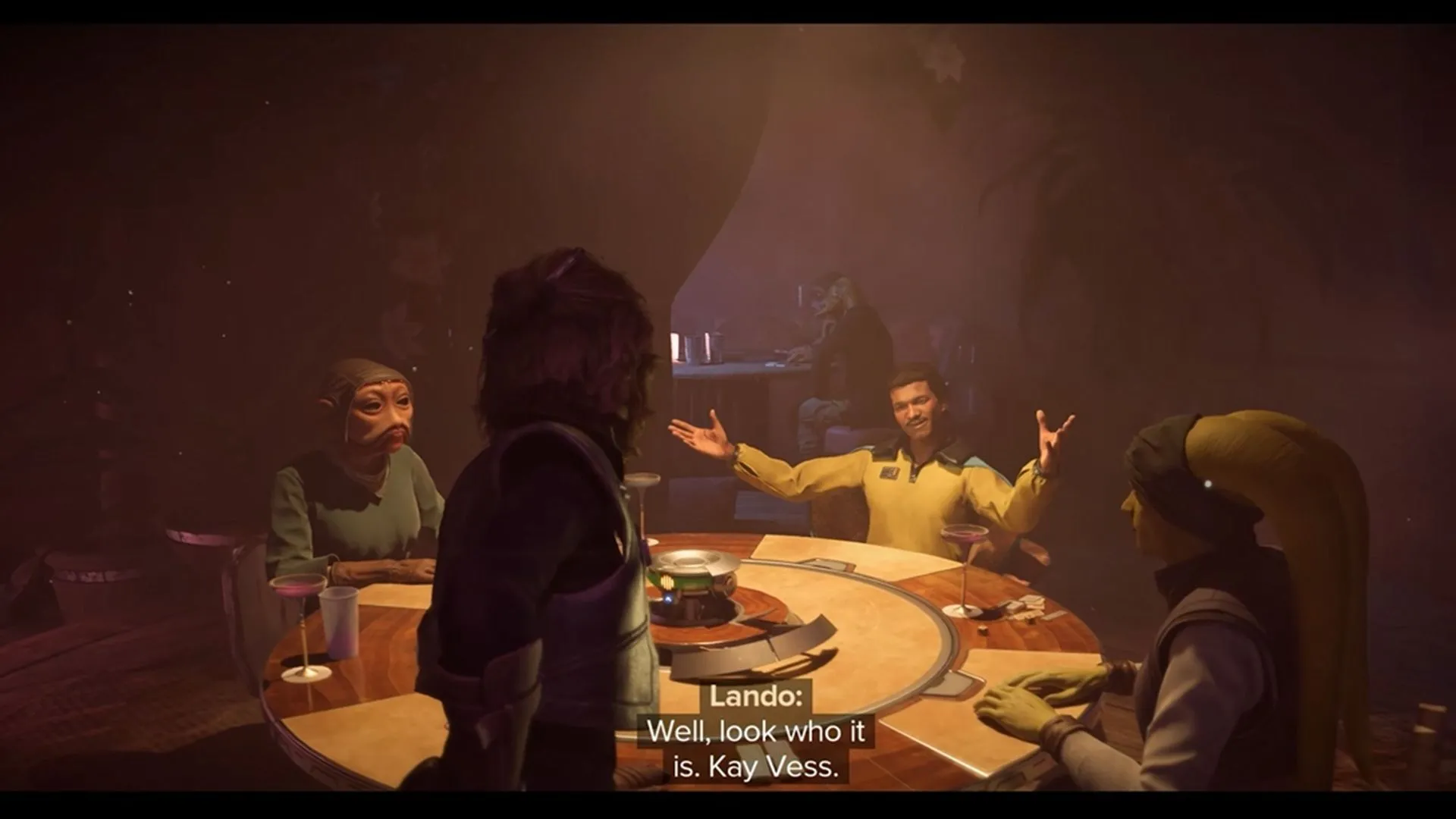 Ảnh chụp màn hình Kay Vess chơi Sabacc với Lando trong Star Wars Outlaws