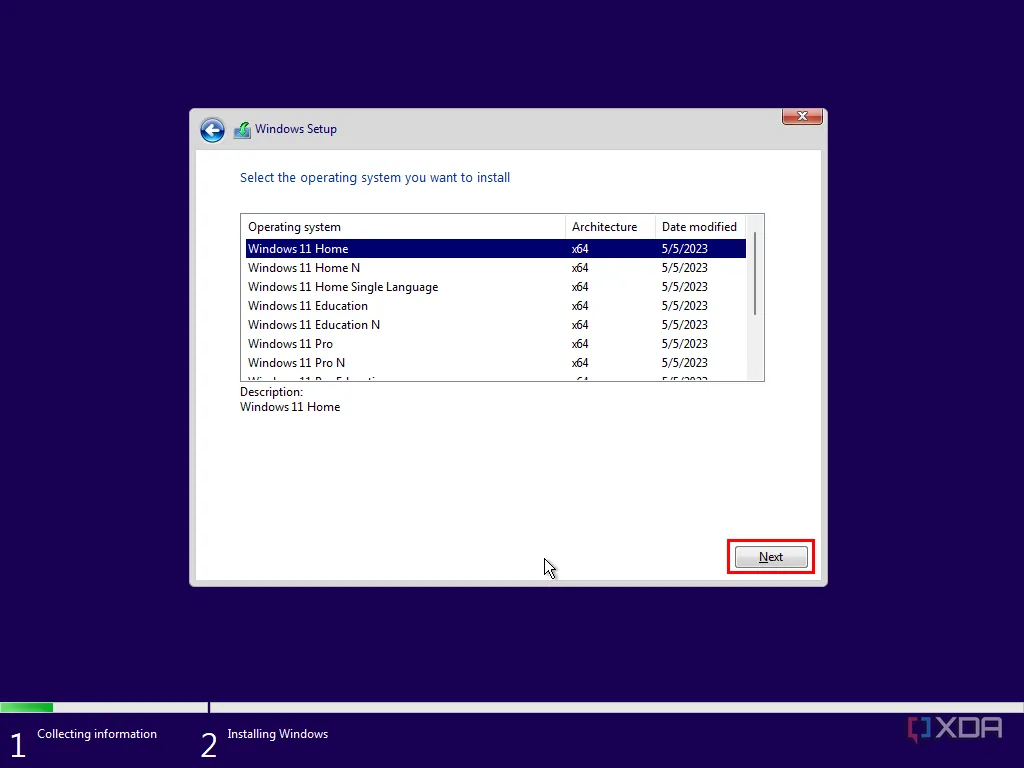 Ảnh chụp màn hình môi trường cài đặt Windows, nơi người dùng chọn phiên bản Windows 11, đại diện cho quá trình cài đặt lại hệ điều hành sạch để tối ưu hiệu suất máy tính chơi game.