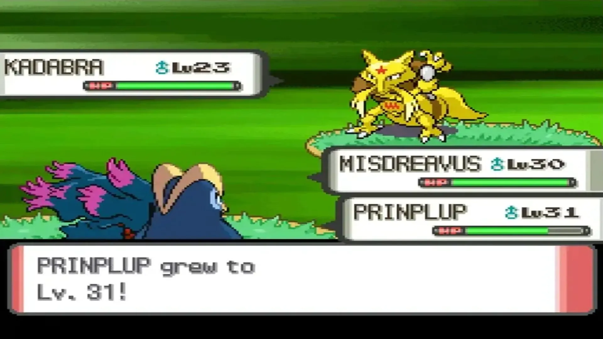 Ảnh chụp màn hình trận đấu đôi trong Pokémon Pearl, thể hiện hệ thống chiến đấu đặc trưng của game Pokémon trên Nintendo DS.