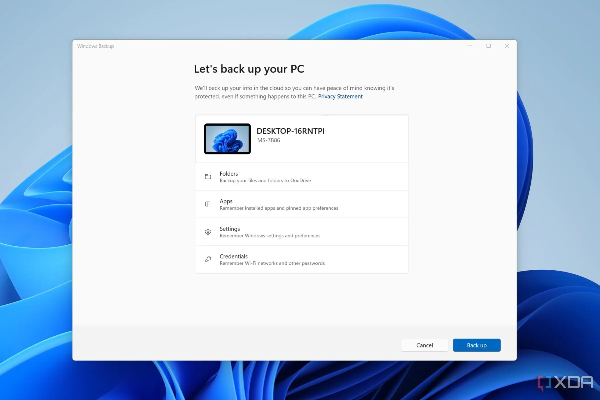 Ảnh chụp màn hình ứng dụng Sao lưu của Windows
