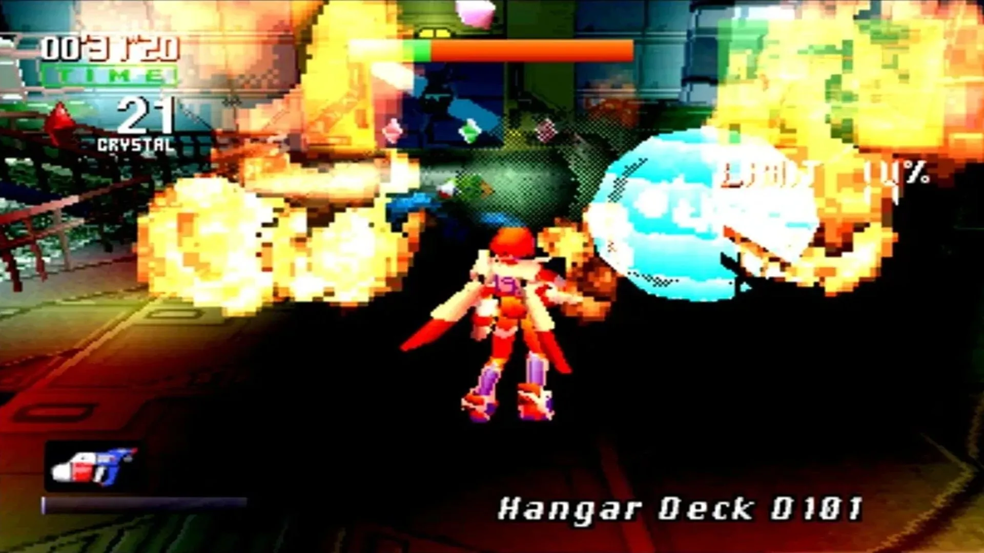 Ảnh gameplay của Burning Rangers trên Sega Saturn, nhân vật đang sử dụng phản lực để di chuyển trong một tòa nhà bốc cháy.
