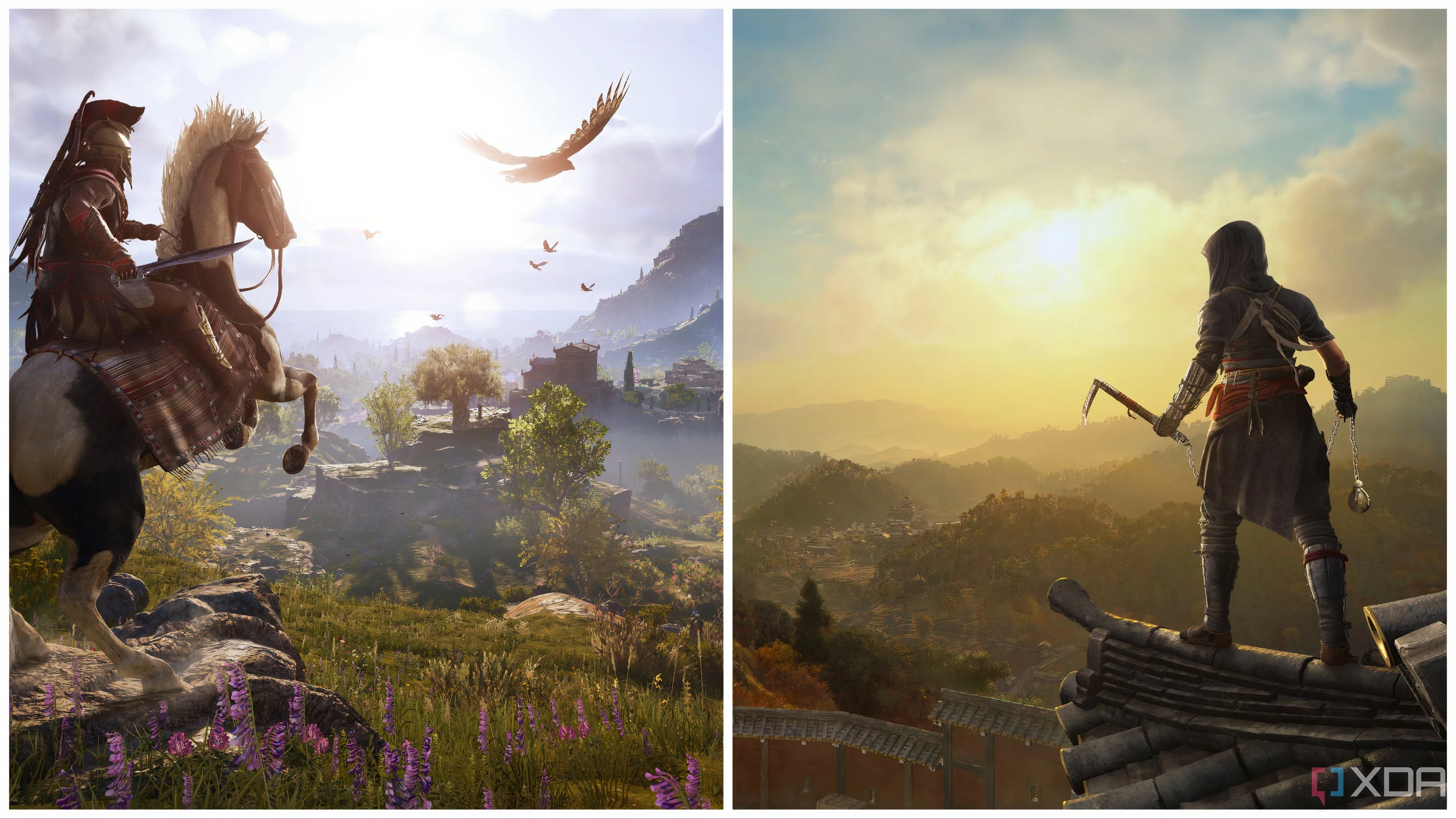 Ảnh ghép đối chiếu môi trường rộng lớn và kiến trúc độc đáo giữa Assassin's Creed Odyssey (Hy Lạp cổ đại) và Assassin's Creed Shadows (Nhật Bản thời phong kiến), thể hiện sự phát triển bối cảnh của series.