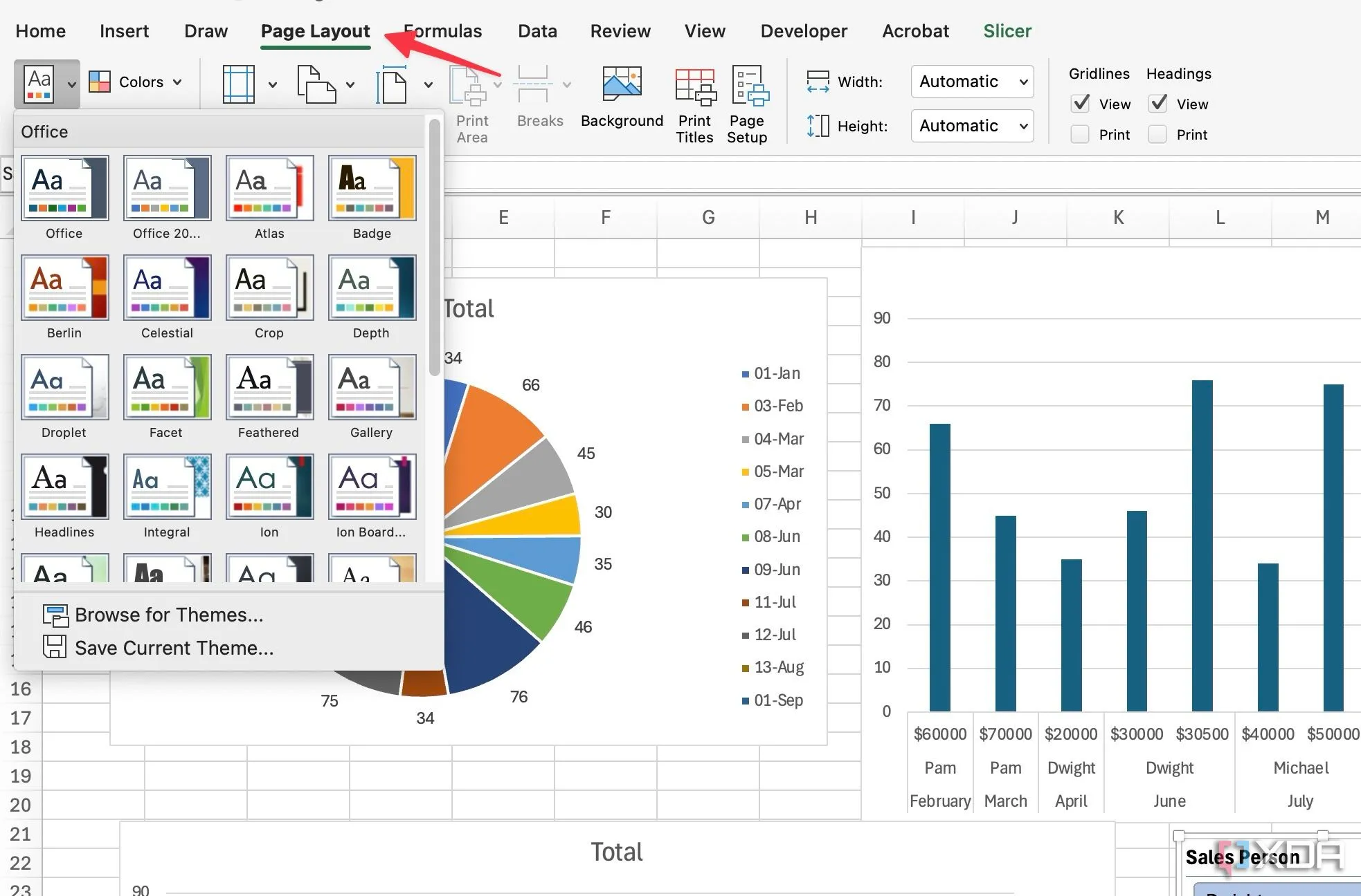 Áp dụng các chủ đề màu sắc và phông chữ cho dashboard Excel