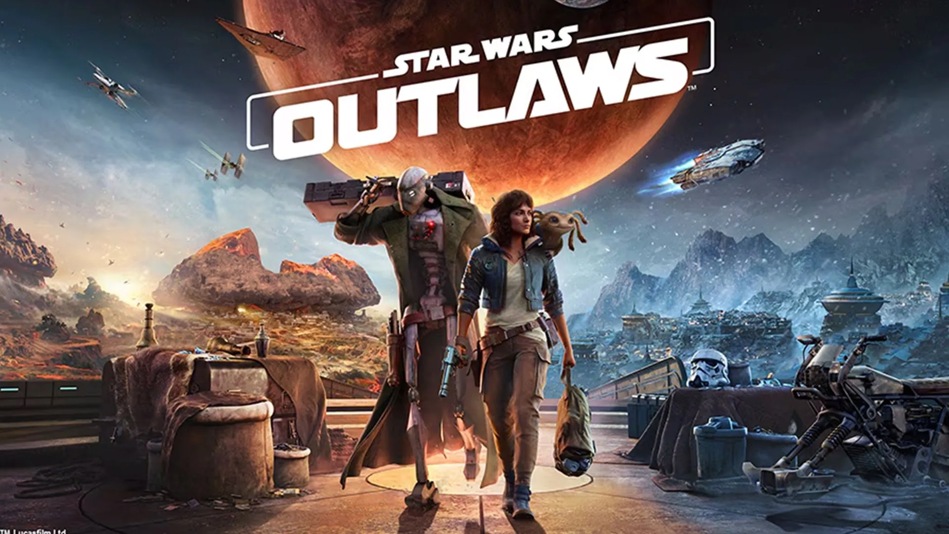 Áp phích chính thức của tựa game Star Wars Outlaws với nhân vật Kay Vess và Nyx, thể hiện phong cách phiêu lưu trong vũ trụ Star Wars.
