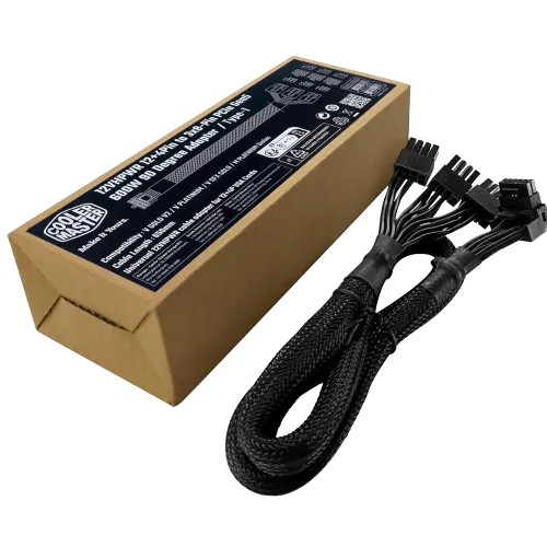 Bản kết xuất cho thấy bộ chuyển đổi 12VHPWR 90 độ của Cooler Master màu đen.