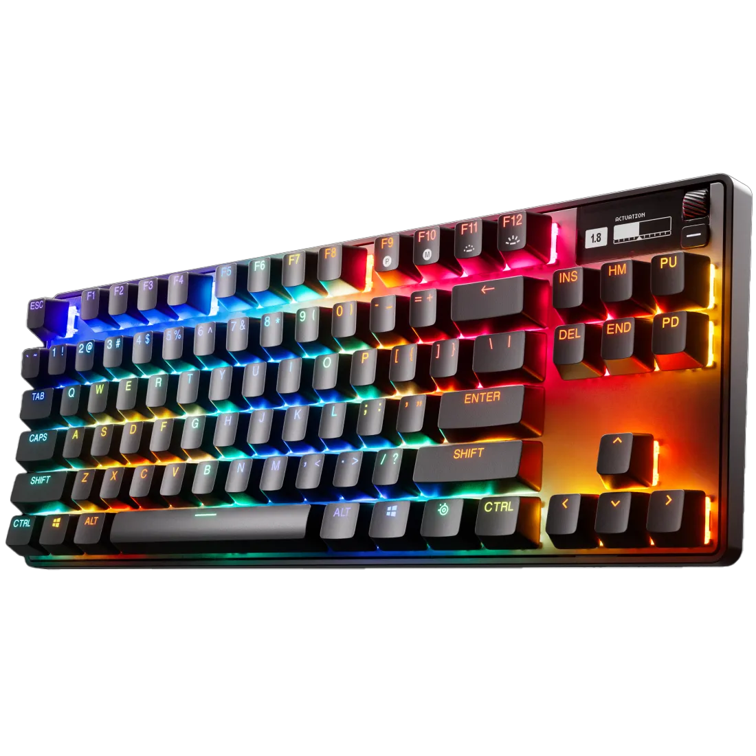 Bàn phím SteelSeries Apex Pro TKL Gen 3 với đèn nền RGB rực rỡ và vỏ nhôm bền bỉ, nhìn từ góc độ.