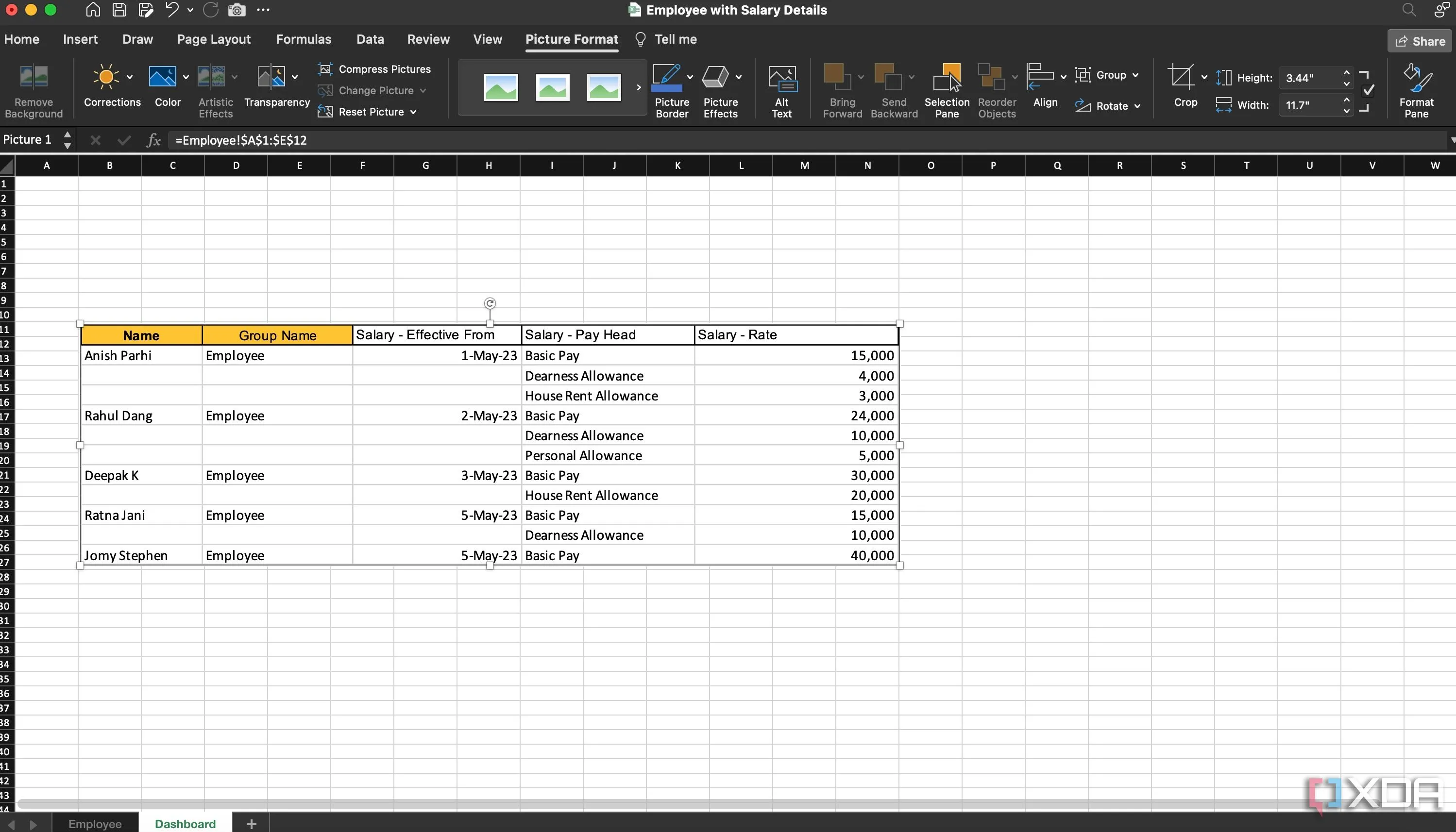 Bảng dữ liệu Excel được dán dưới dạng ảnh động bằng công cụ Camera