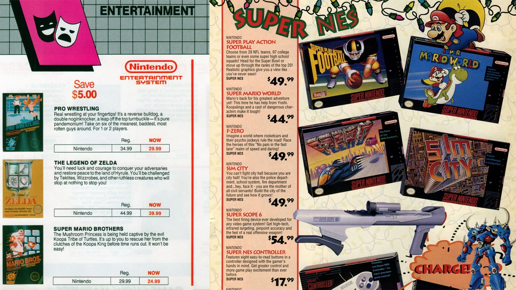 Bảng giá game NES và SNES được quét từ tài liệu cũ, cho thấy mức giá ban đầu