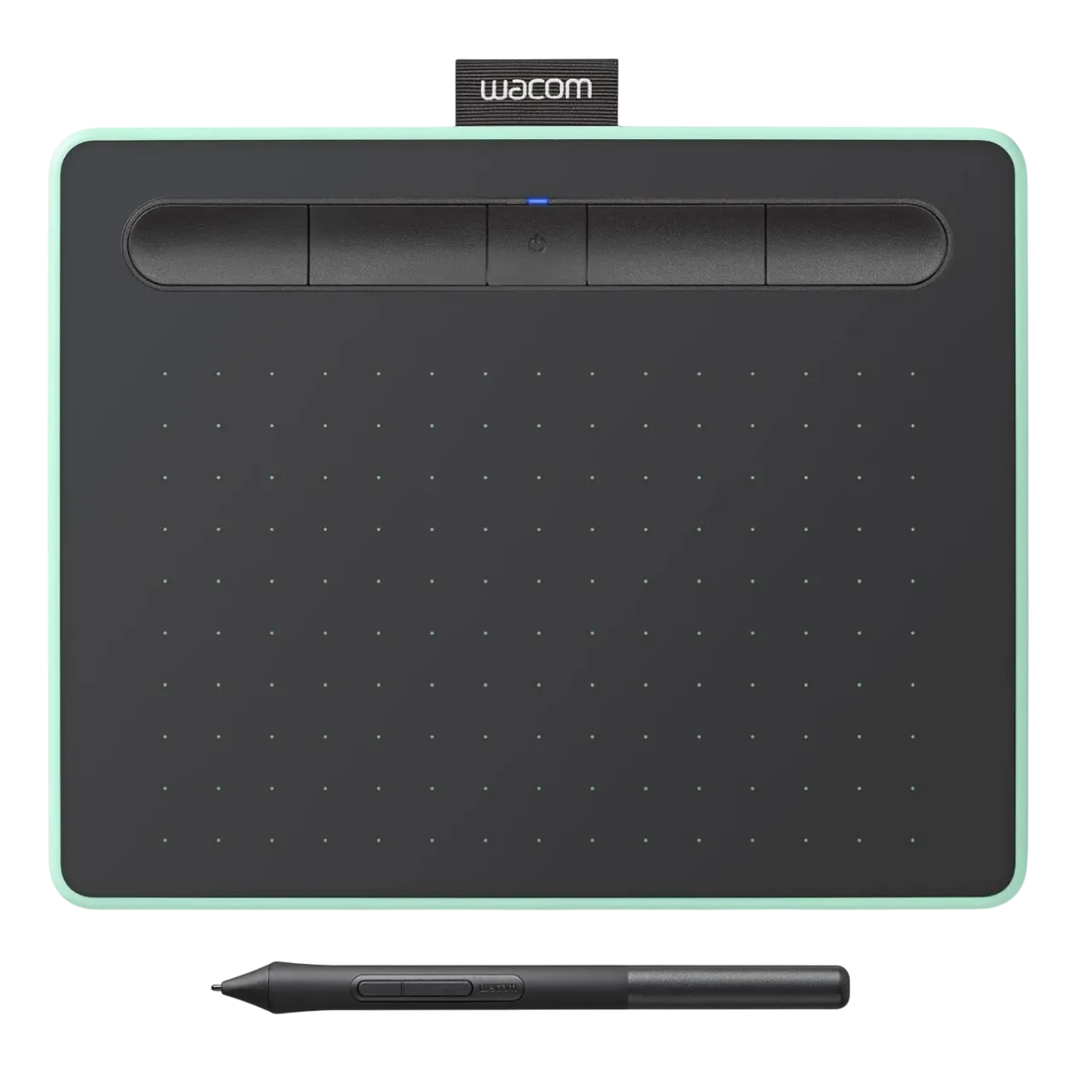 Bảng vẽ Wacom Intuos Small nhỏ gọn màu đen, kèm bút cảm ứng và biểu tượng phần mềm vẽ minh họa
