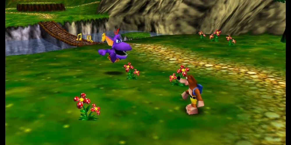 Banjo đang đi cùng một sinh vật màu tím trong một cánh đồng xanh mướt trong game Banjo-Kazooie