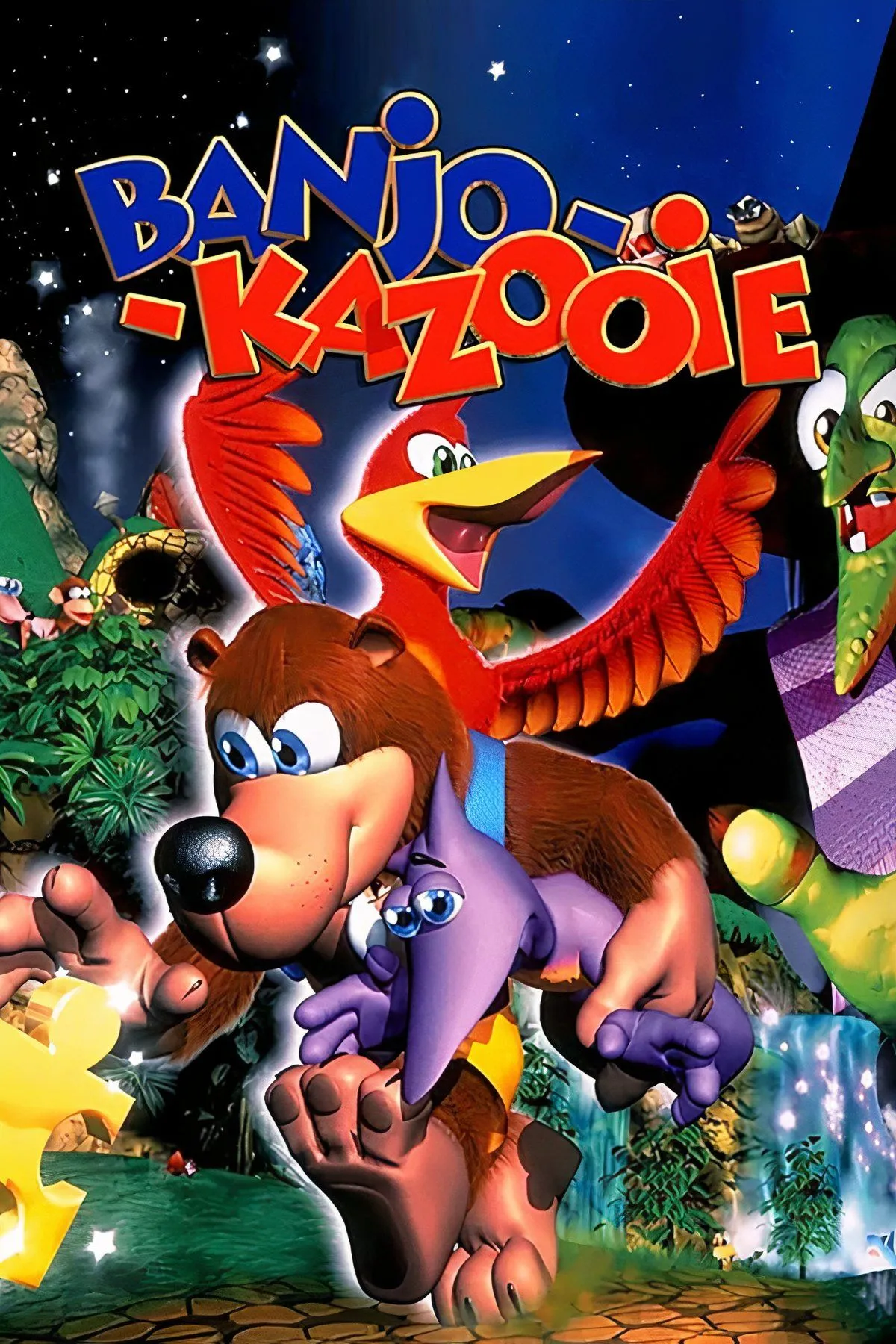 Banjo và Kazooie nhảy nhót trong một khu rừng rậm rạp, tượng trưng cho lối chơi phiêu lưu của game Banjo-Kazooie