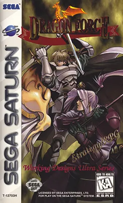 Bìa đĩa game Dragon Force trên Sega Saturn, minh họa các nhân vật và quân đội
