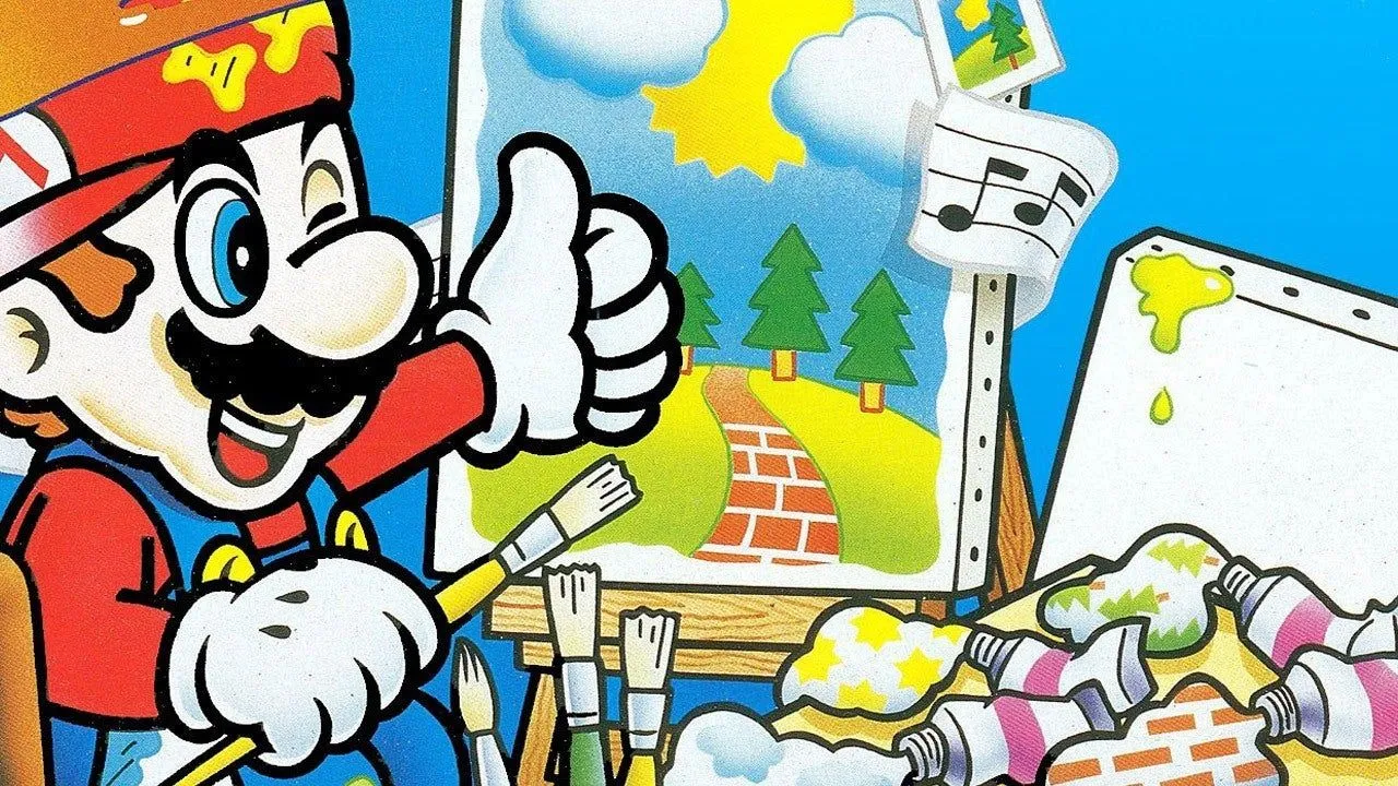 Bìa đĩa game Mario Paint trên SNES, thể hiện chuột SNES đi kèm