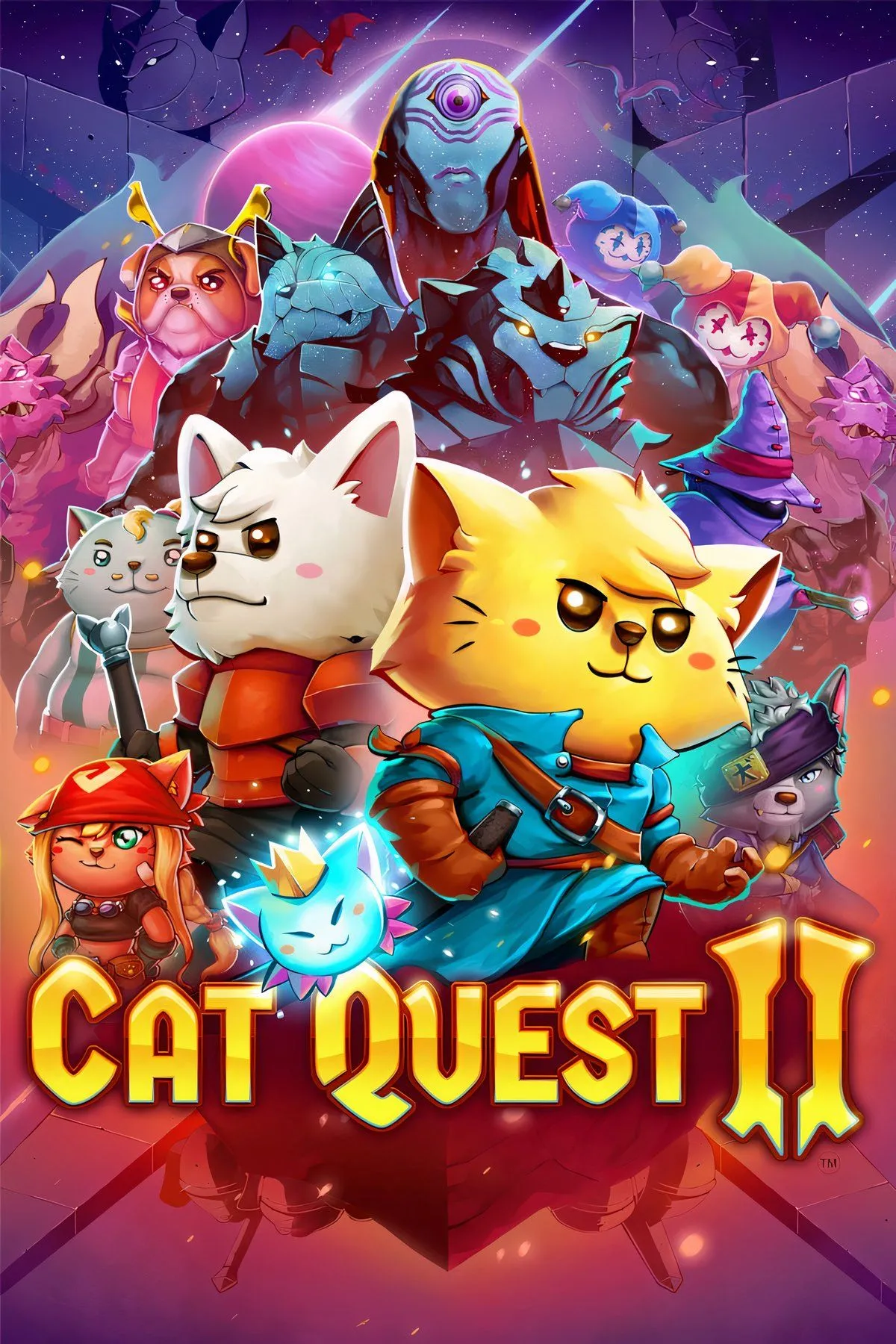Bìa game Cat Quest II với hình ảnh mèo và chó cùng chiến đấu, biểu tượng cho lối chơi co-op và cuộc phiêu lưu trong thế giới Felingard.