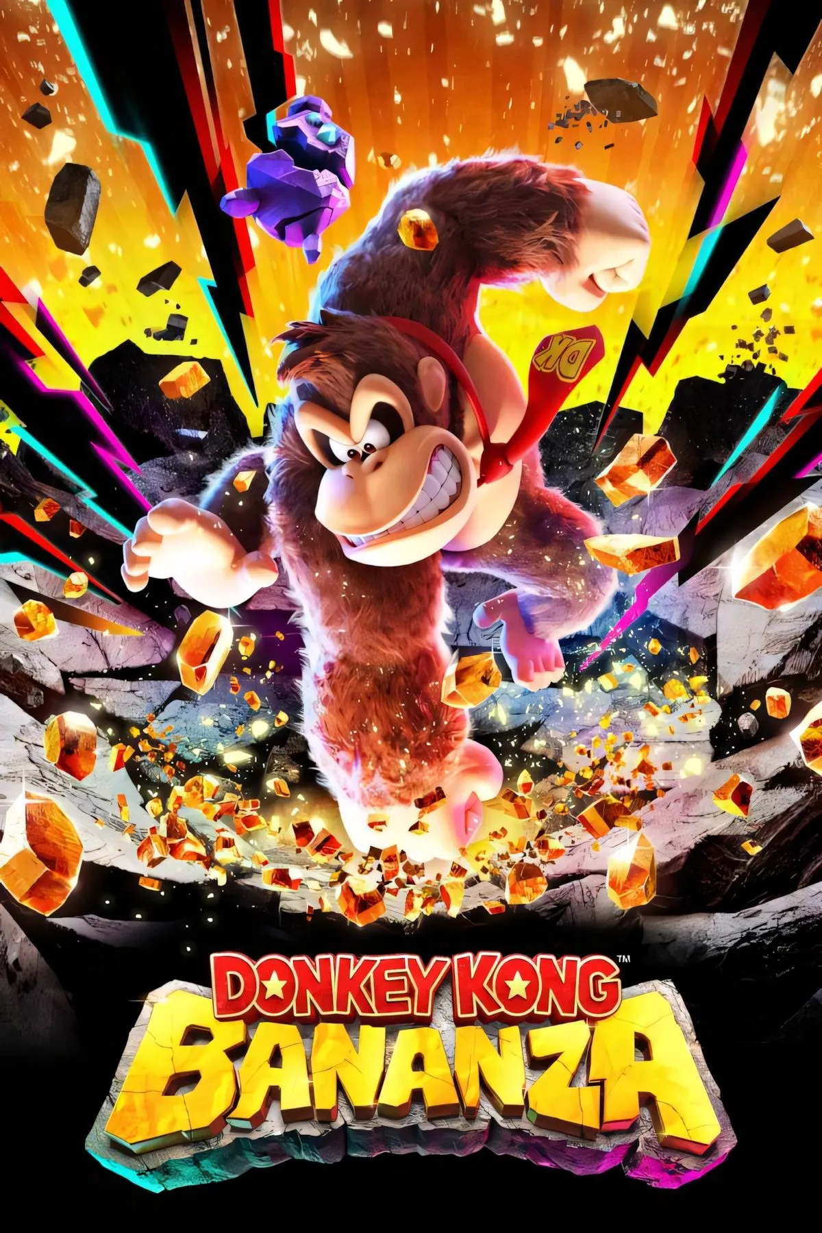 Bìa game Donkey Kong Bananza với hình ảnh nhân vật Donkey Kong nổi bật, thể hiện phong cách platformer 3D đầy màu sắc và phiêu lưu trên Nintendo Switch 2.