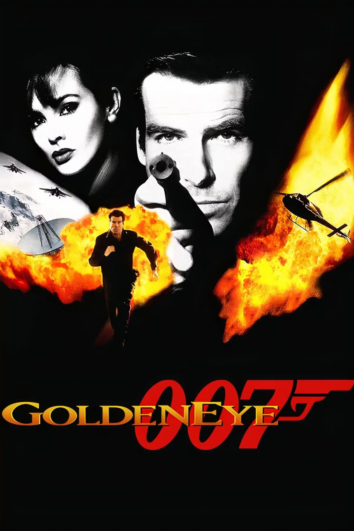 Bìa game GoldenEye 007 (N64) với James Bond (Pierce Brosnan) cầm súng, biểu tượng của một trong những game bắn súng góc nhìn thứ nhất huyền thoại.