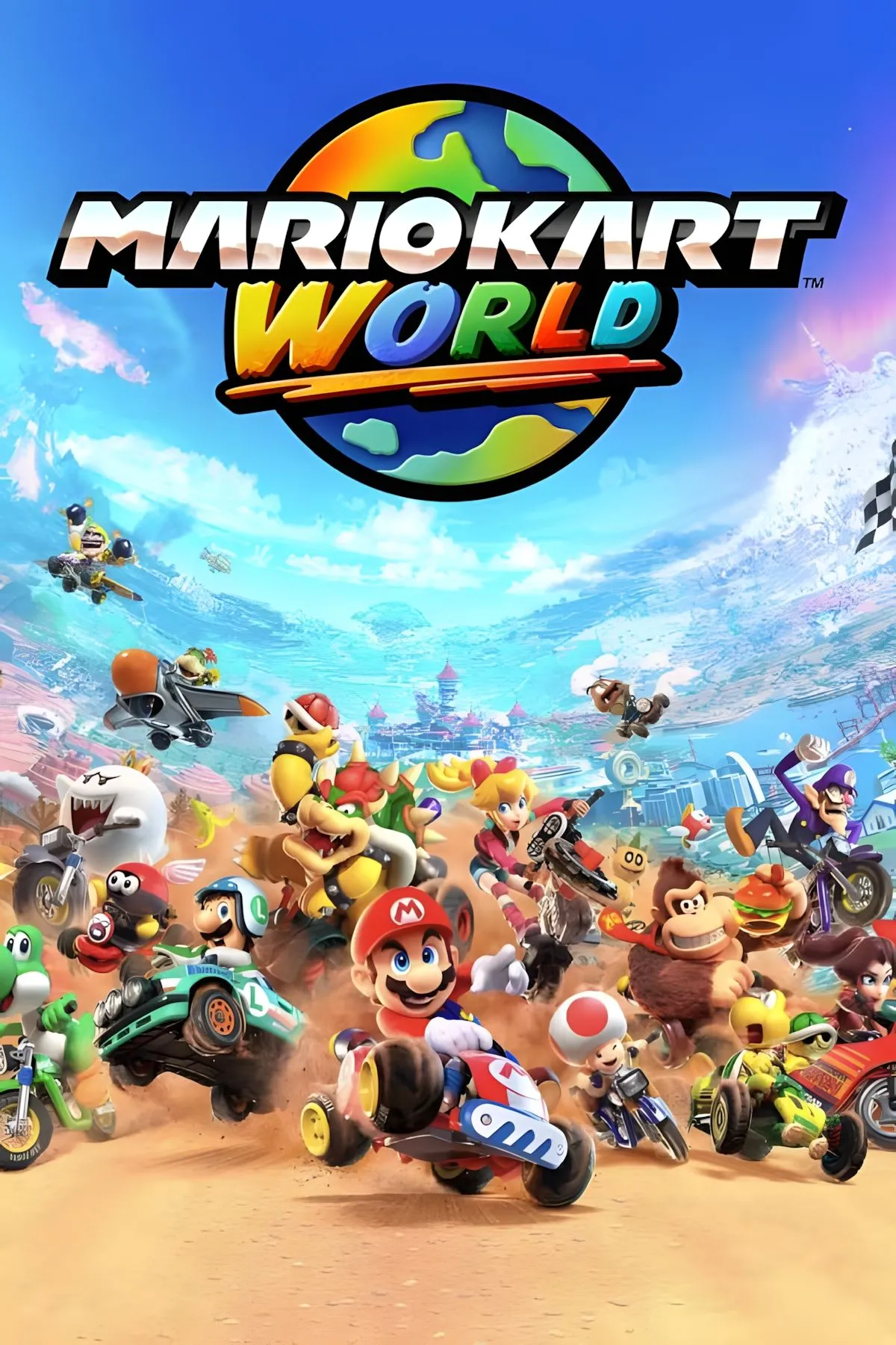 Bìa game Mario Kart World với Mario và Luigi đang đua xe trên đường cao tốc ảo
