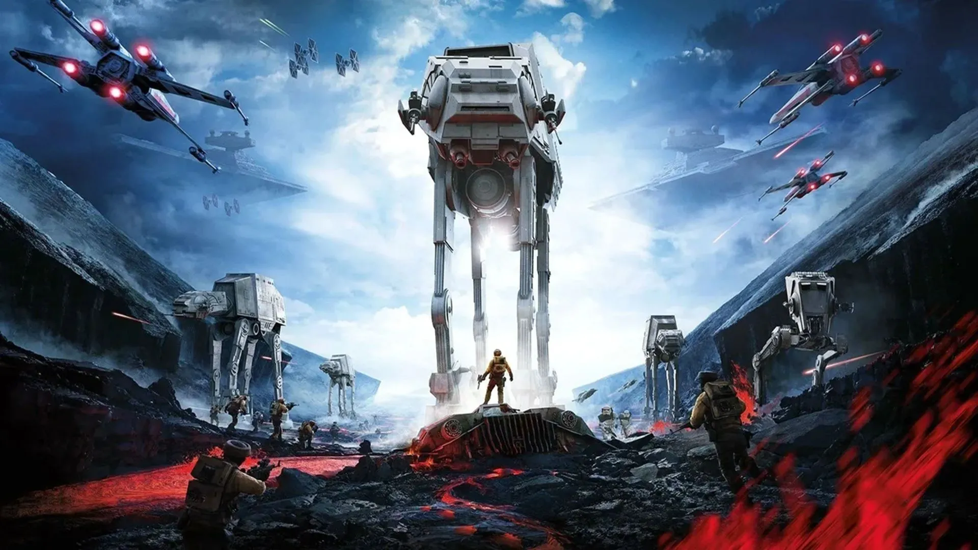 Bìa hộp game EA Star Wars Battlefront (2015), với hình ảnh binh lính Empire và Rebel đang giao tranh quyết liệt trong bối cảnh sa mạc.