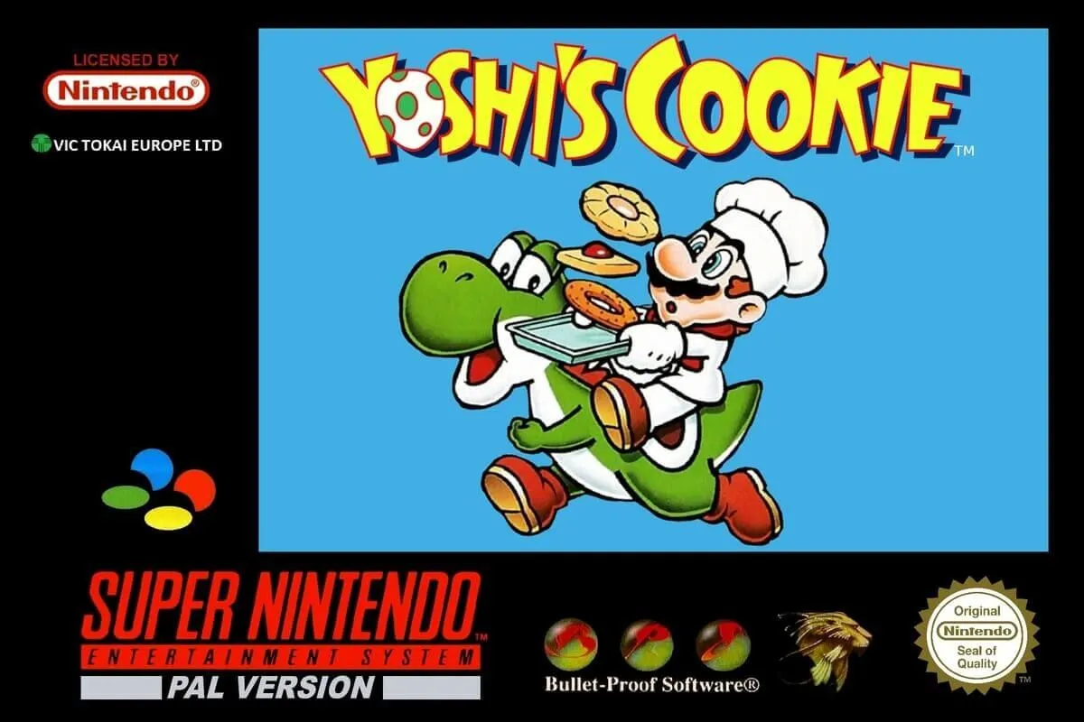 Bìa hộp game Yoshi's Cookie phiên bản PAL của SNES với hình ảnh Yoshi và các loại bánh quy
