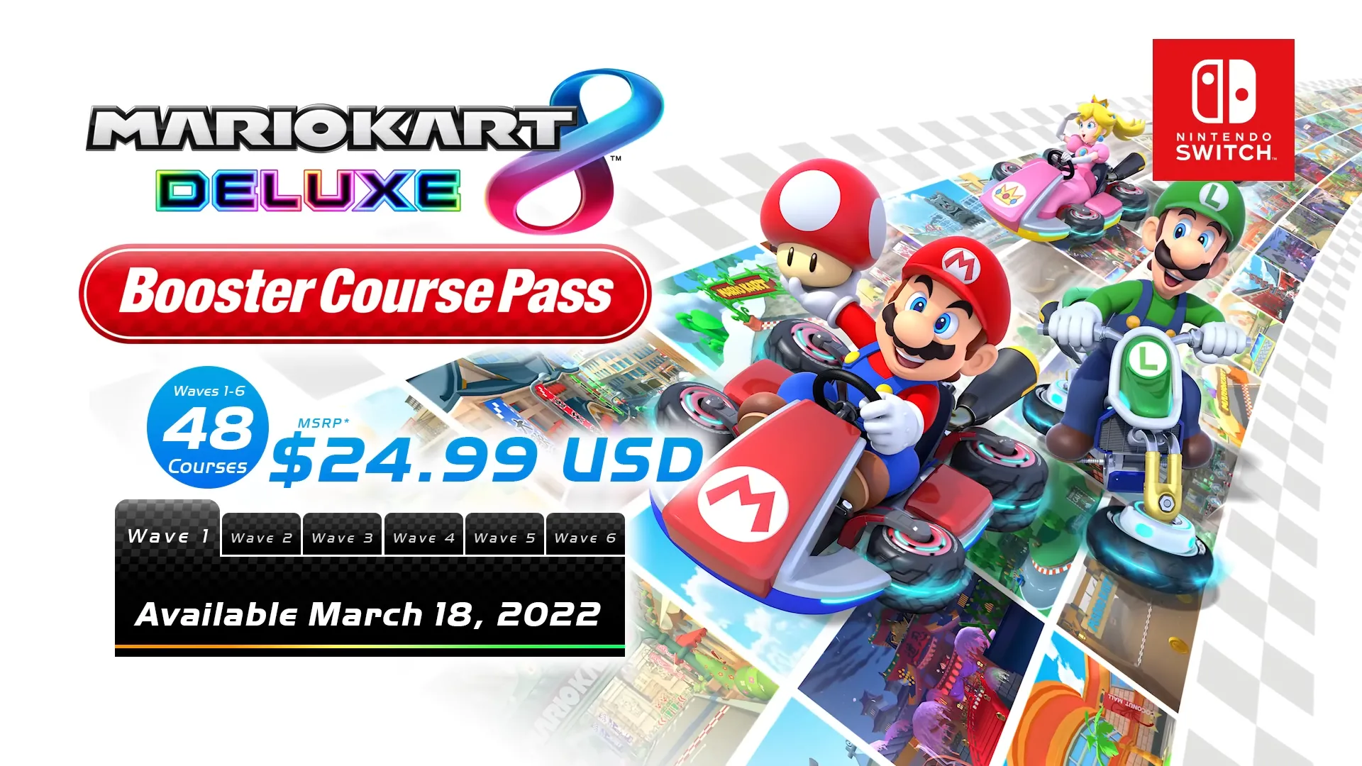 Biểu đồ minh họa nội dung của Gói Đường đua Mở rộng (Booster Course Pass) cho Mario Kart 8 Deluxe, bao gồm các đường đua và nhân vật bổ sung.