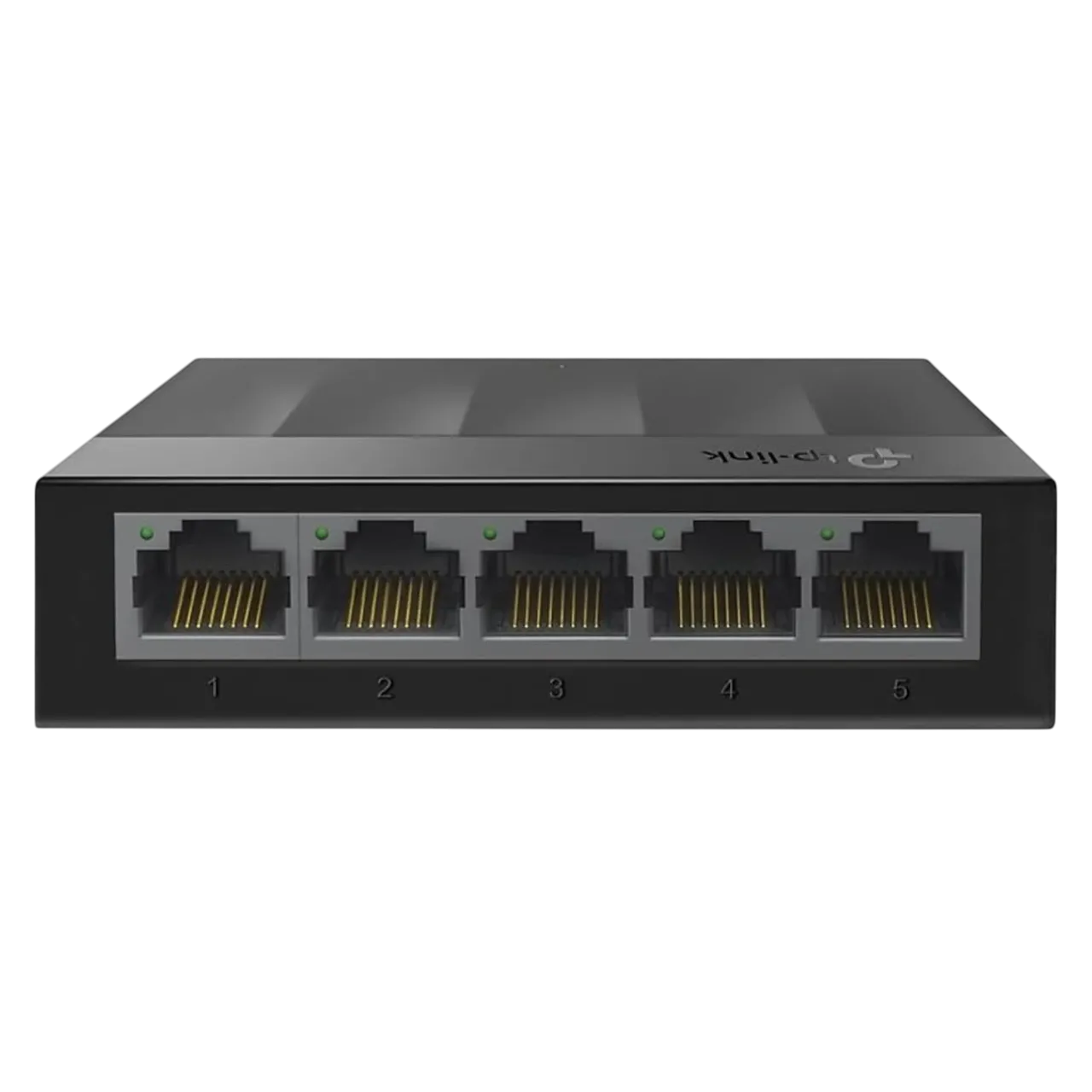 Bộ chuyển mạch Ethernet TP-Link Litewave 5 cổng Gigabit màu đen, thiết kế nhỏ gọn, hiển thị các cổng kết nối
