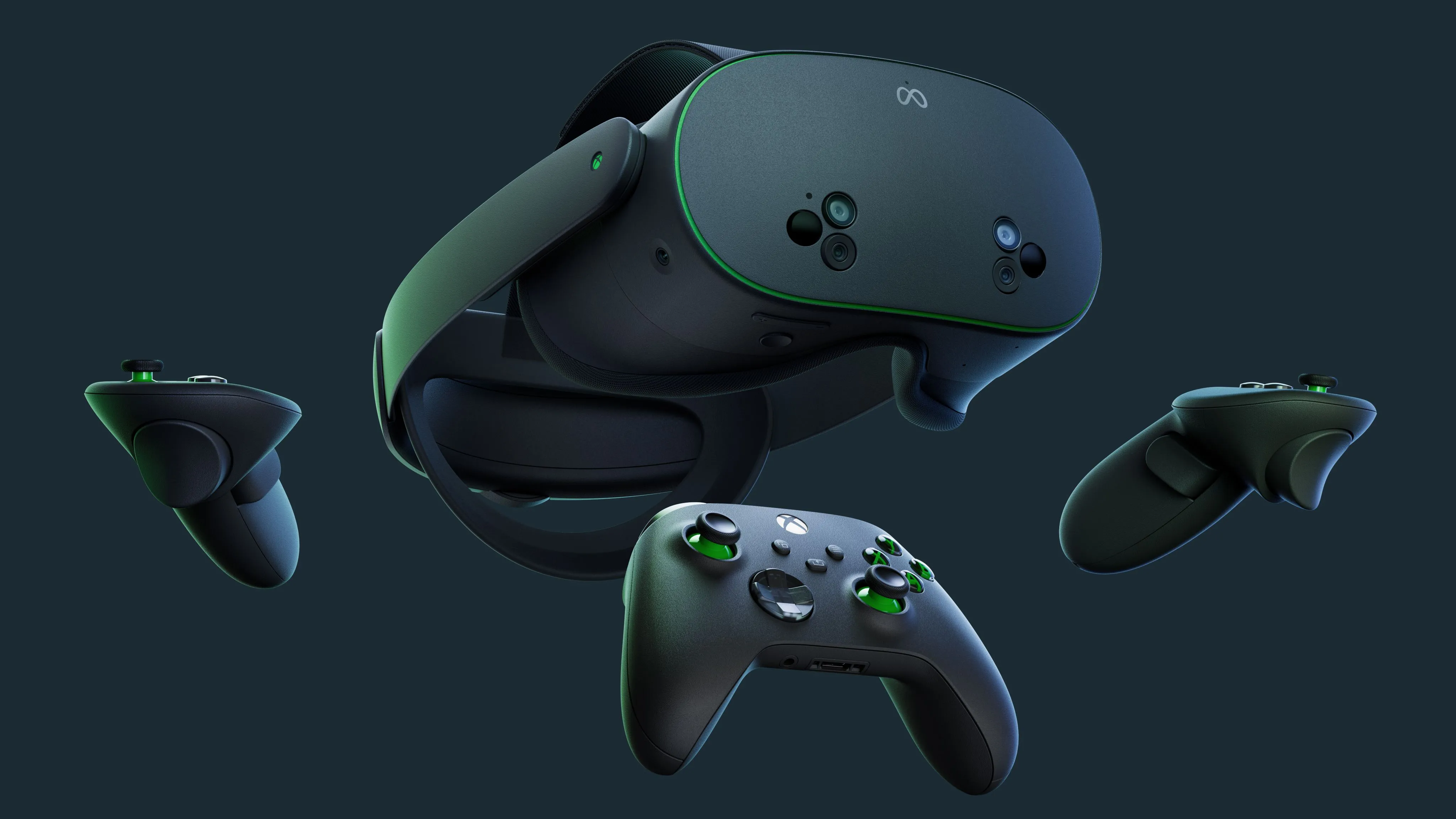 Bộ sản phẩm Meta Quest 3S Xbox Edition với tai nghe VR màu đen xanh và tay cầm điều khiển Xbox đi kèm.
