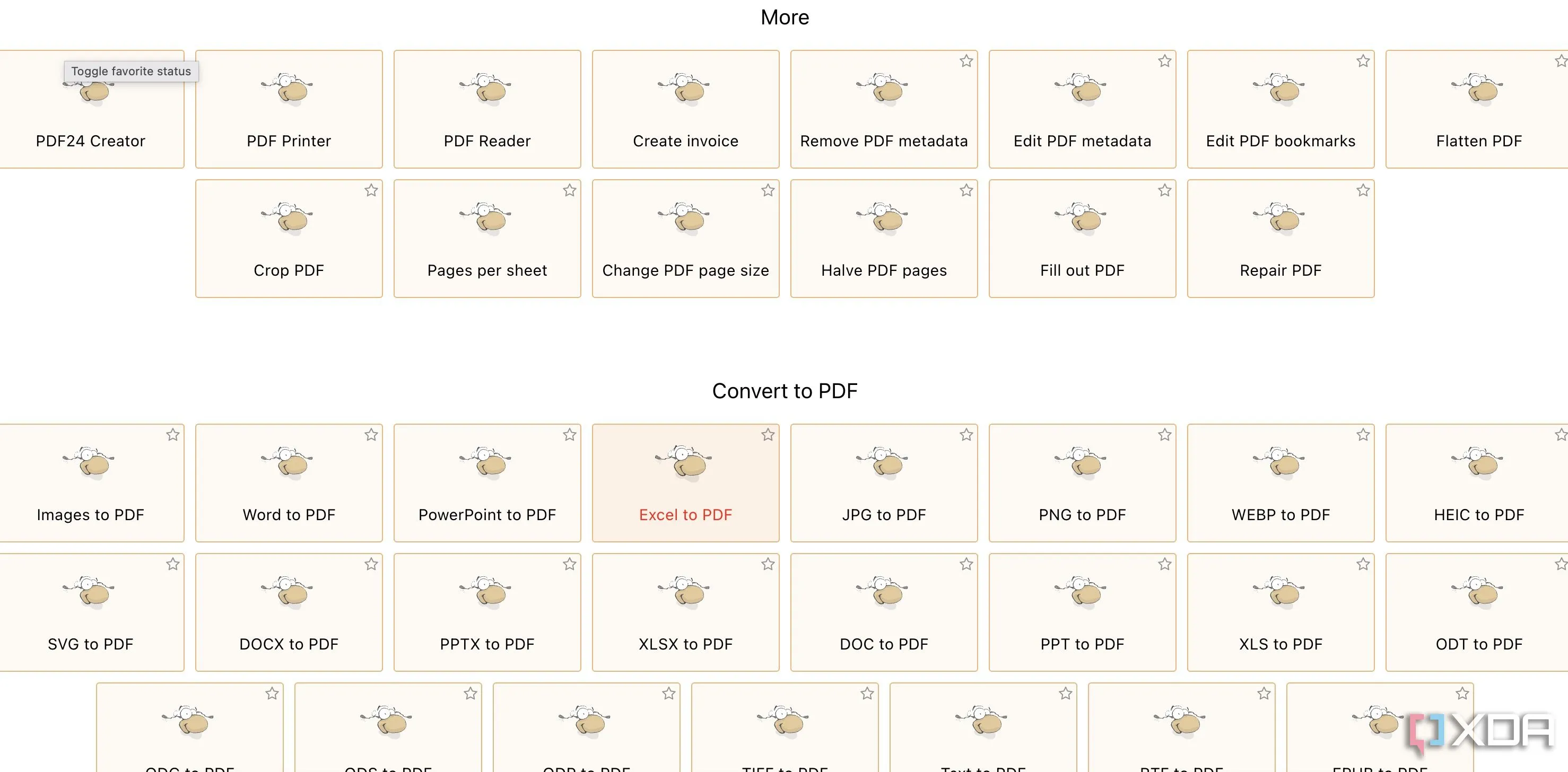 Bộ sưu tập đa dạng các công cụ chỉnh sửa PDF của PDF24, từ hợp nhất, chia tách đến chuyển đổi và nén tệp.