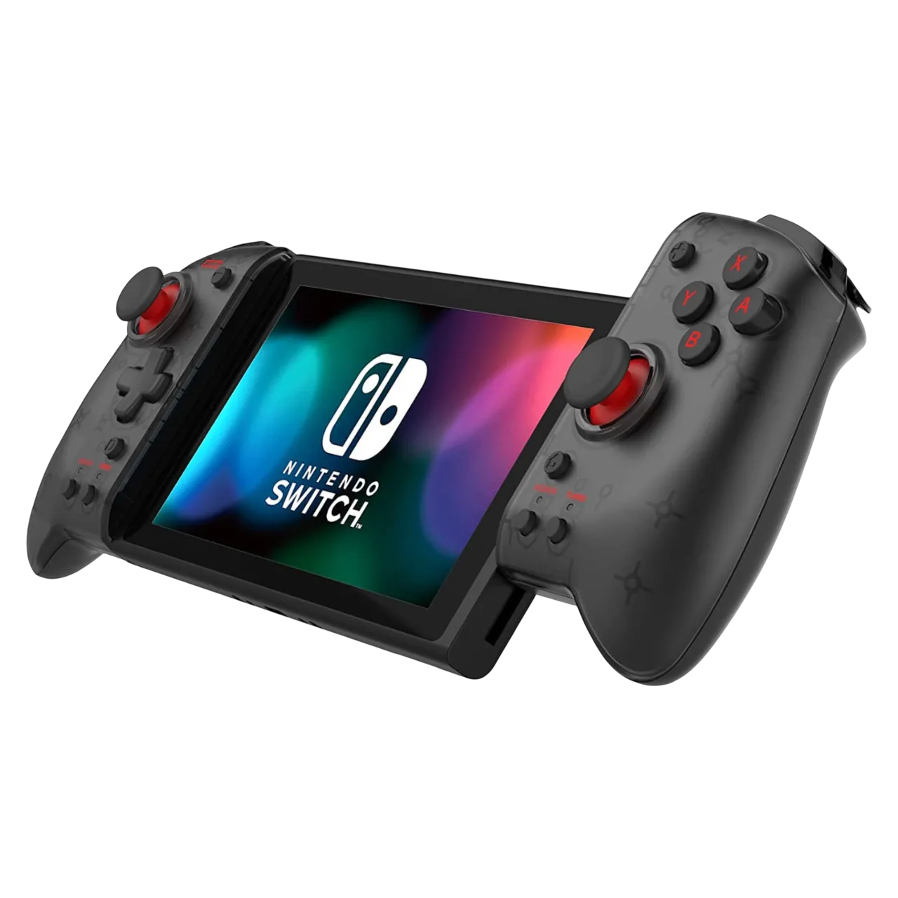 Bộ tay cầm HORI Split Pad Pro Attachment Set màu đen, gắn vào thân máy Nintendo Switch, làm nổi bật thiết kế công thái học và kích thước lớn hơn so với Joy-Con gốc.