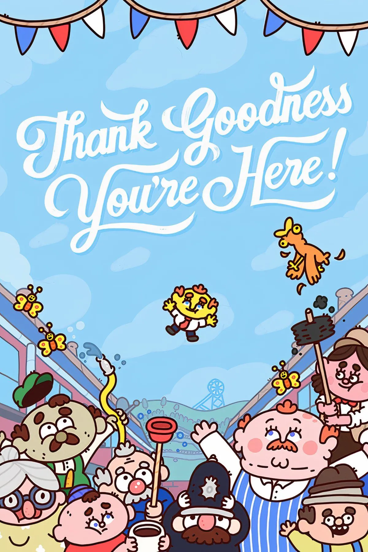 Bối cảnh hài hước của thị trấn Barnsworth trong game Thank Goodness You're Here! với đồ họa hoạt hình.