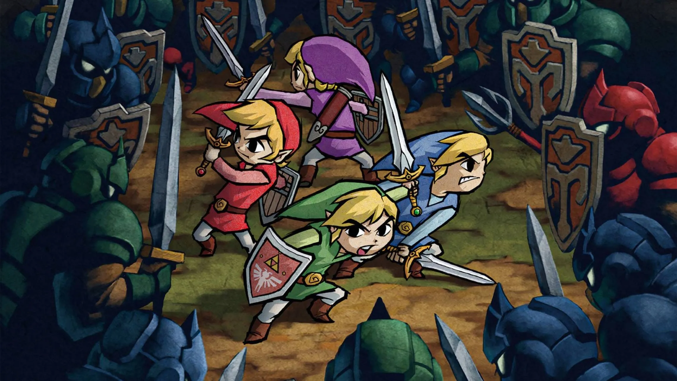 Bốn Link cùng chiến đấu chống lại kẻ thù trong artwork của The Legend of Zelda: Four Swords Adventure