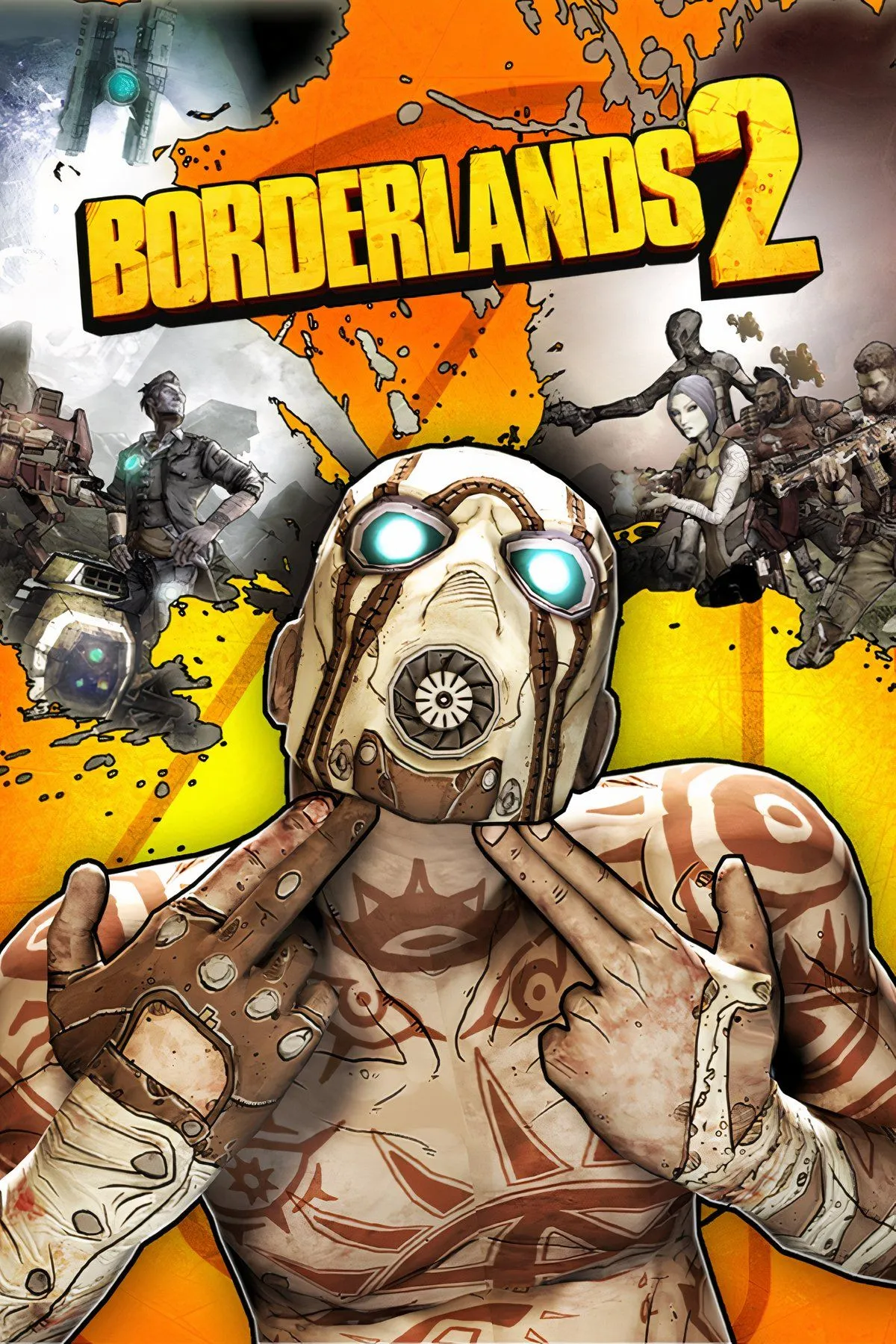 Bốn nhân vật đa dạng trong Borderlands 2 đang đứng cùng nhau với vũ khí trên một hành tinh kỳ lạ