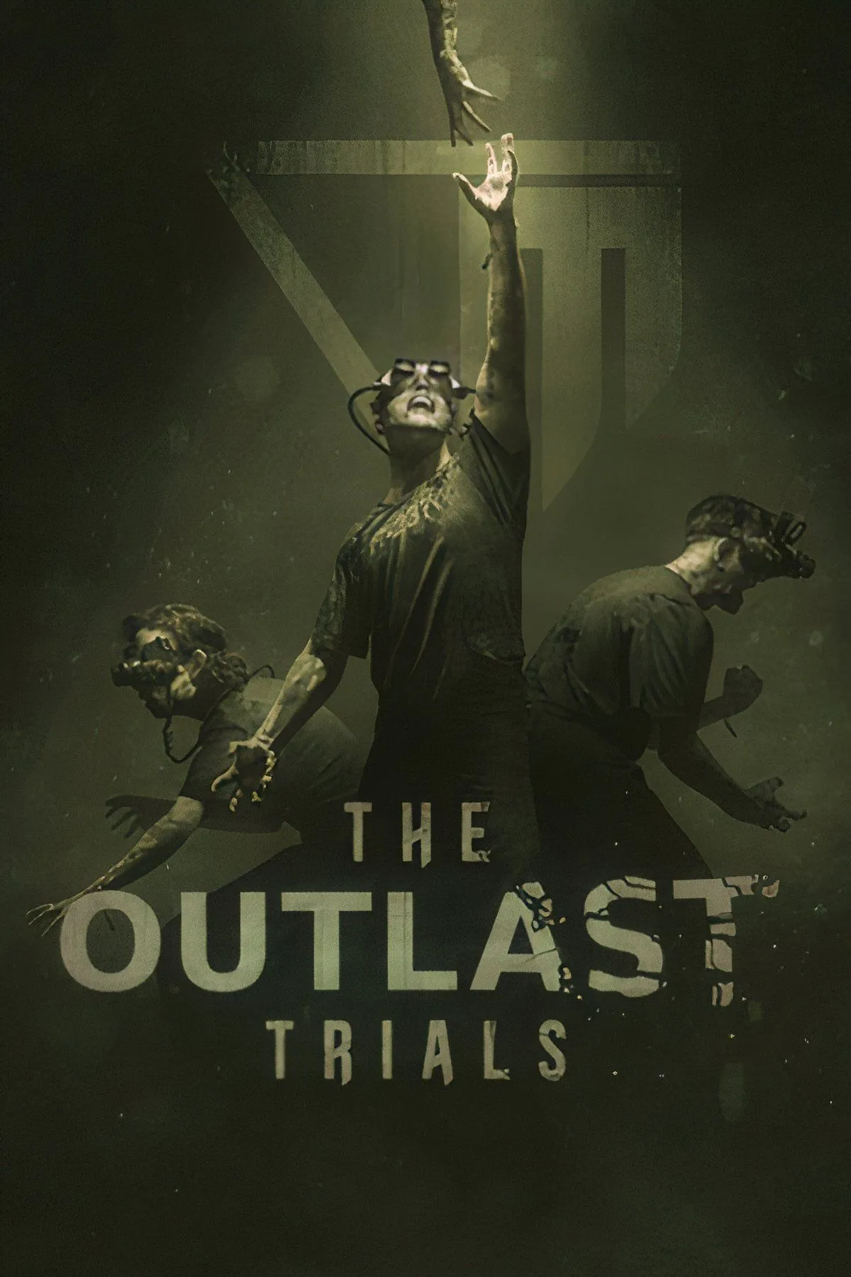 Bốn nhân vật đang ẩn nấp trong một môi trường kinh dị tối tăm của The Outlast Trials, thể hiện tính chất co-op và sinh tồn của game