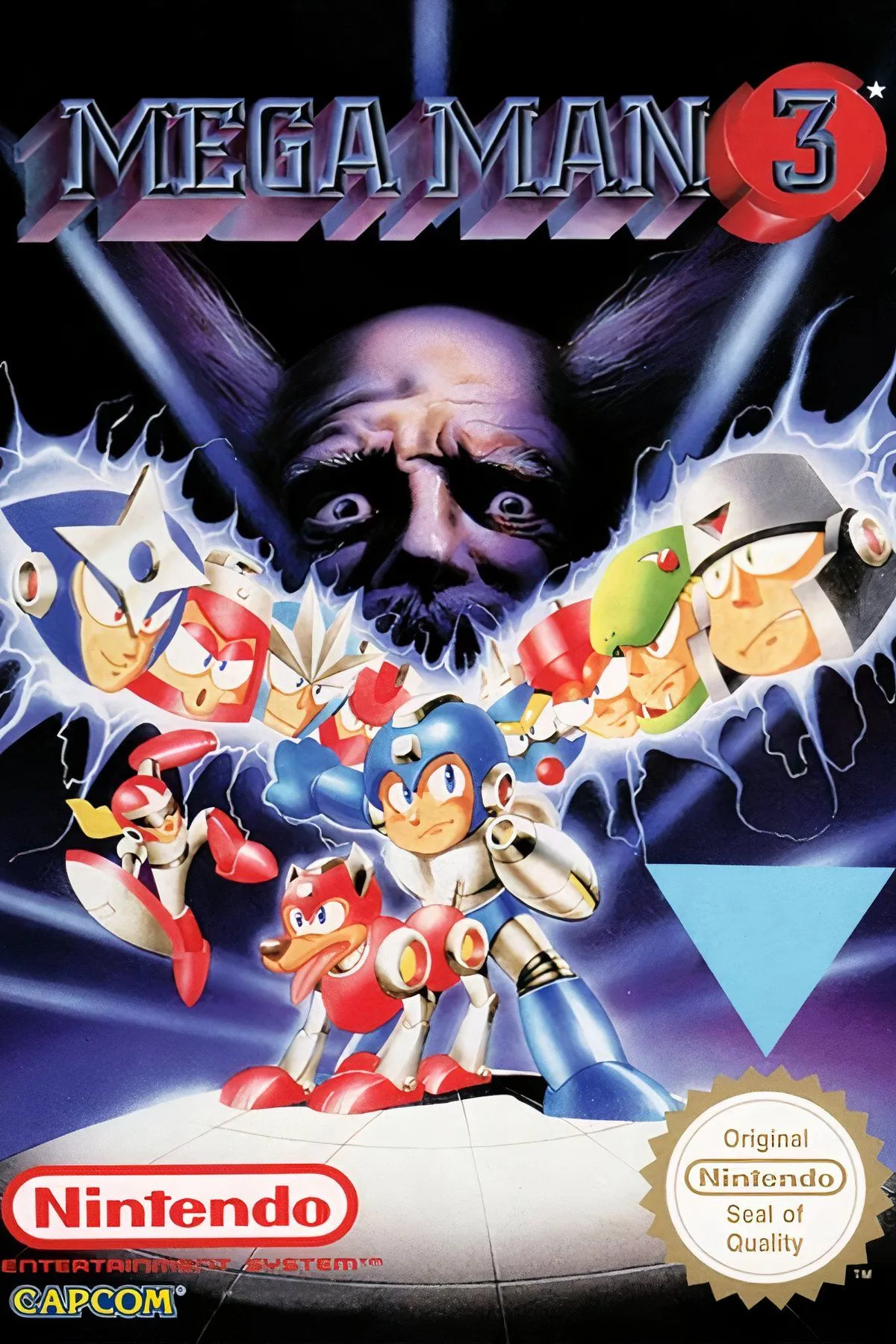 Các cảnh hành động và nhân vật Mega Man trong game Mega Man 3, một siêu phẩm platformer trên NES.