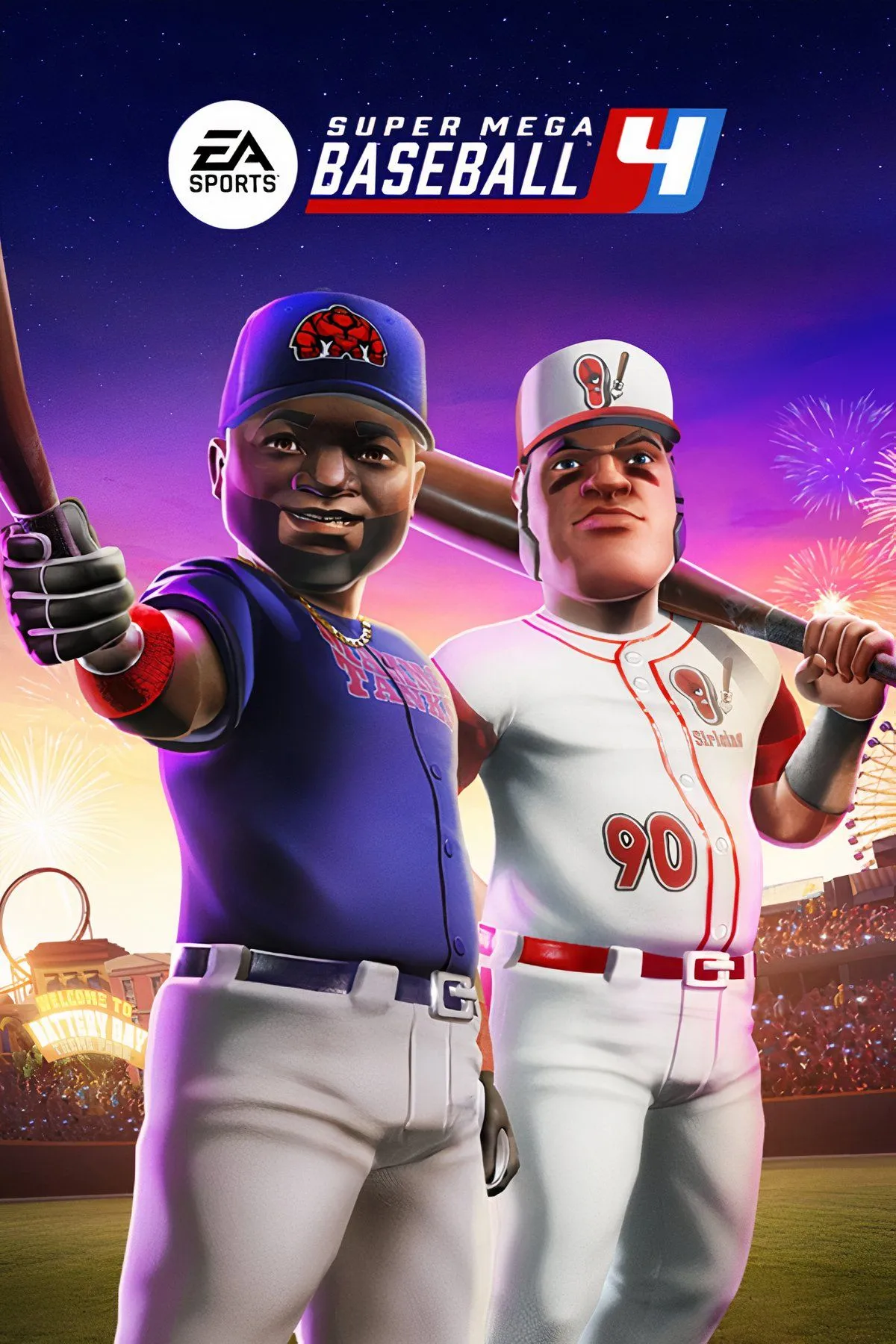 Các nhân vật hoạt hình trong Super Mega Baseball 4 đang chơi bóng chày trên sân.