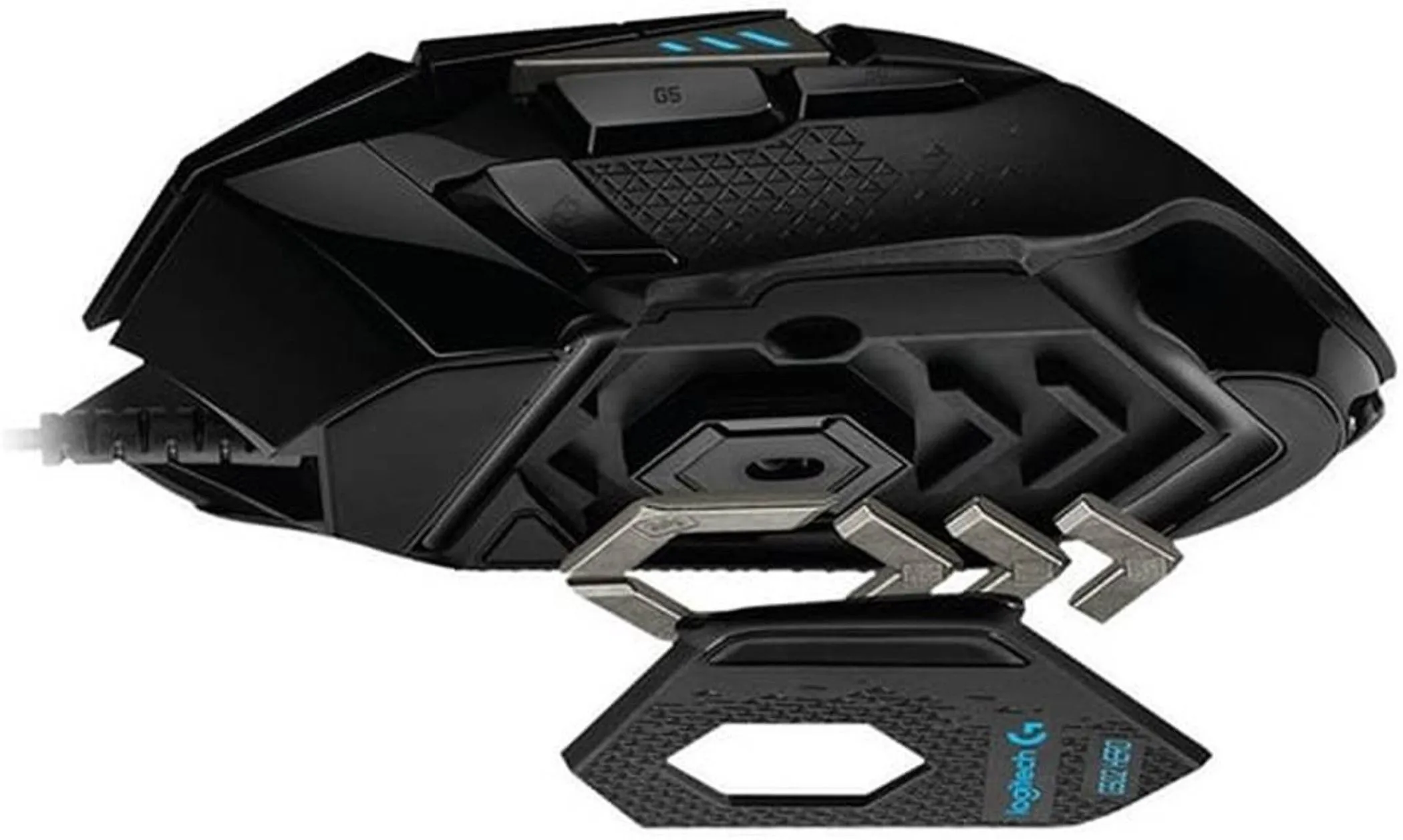 Các tạ điều chỉnh trọng lượng đi kèm chuột gaming Logitech G502, minh họa tính năng tùy chỉnh cân nặng.
