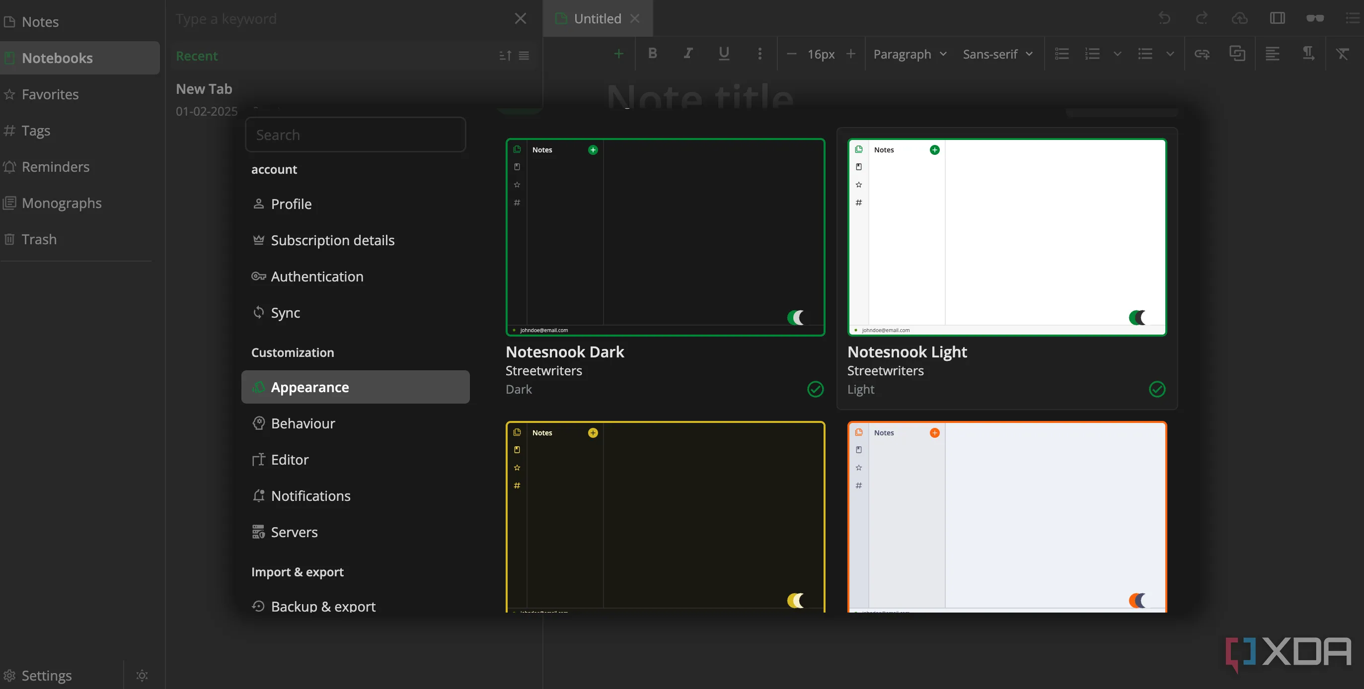 Các tùy chọn chủ đề (themes) đa dạng trong Notesnook