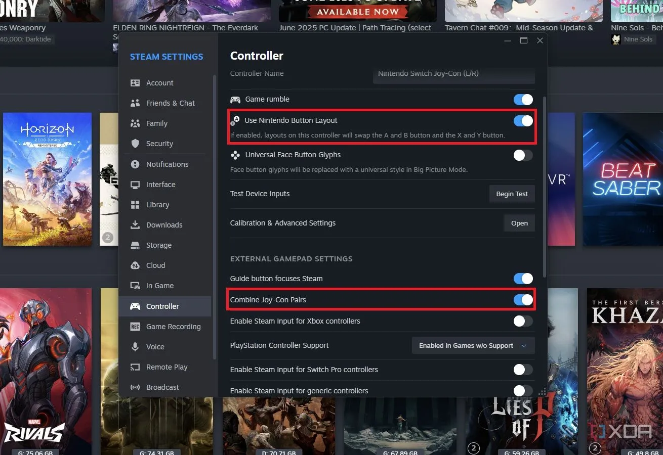 Cài đặt Joy-Con trong Steam để kết hợp cặp tay cầm và điều chỉnh bố cục nút.
