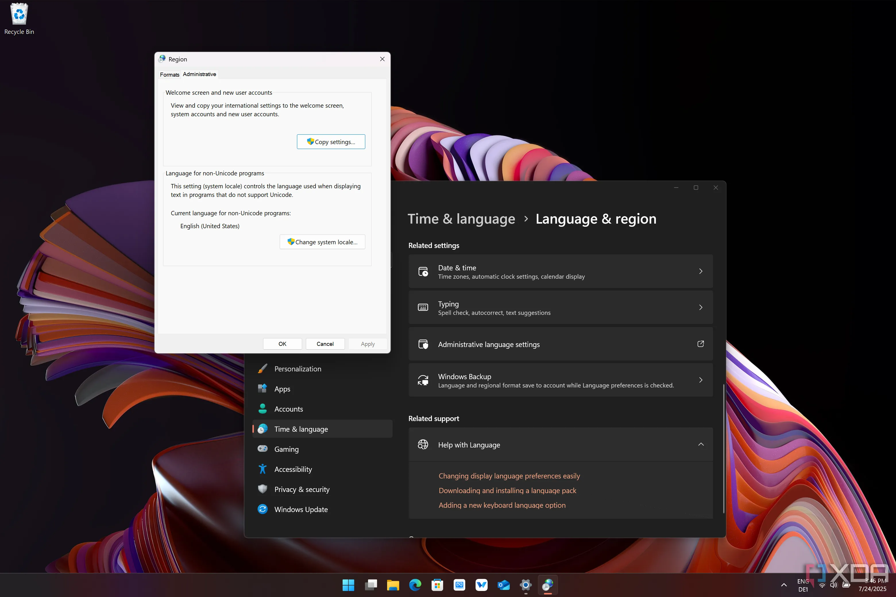 Cài đặt khu vực hành chính trong Windows 11